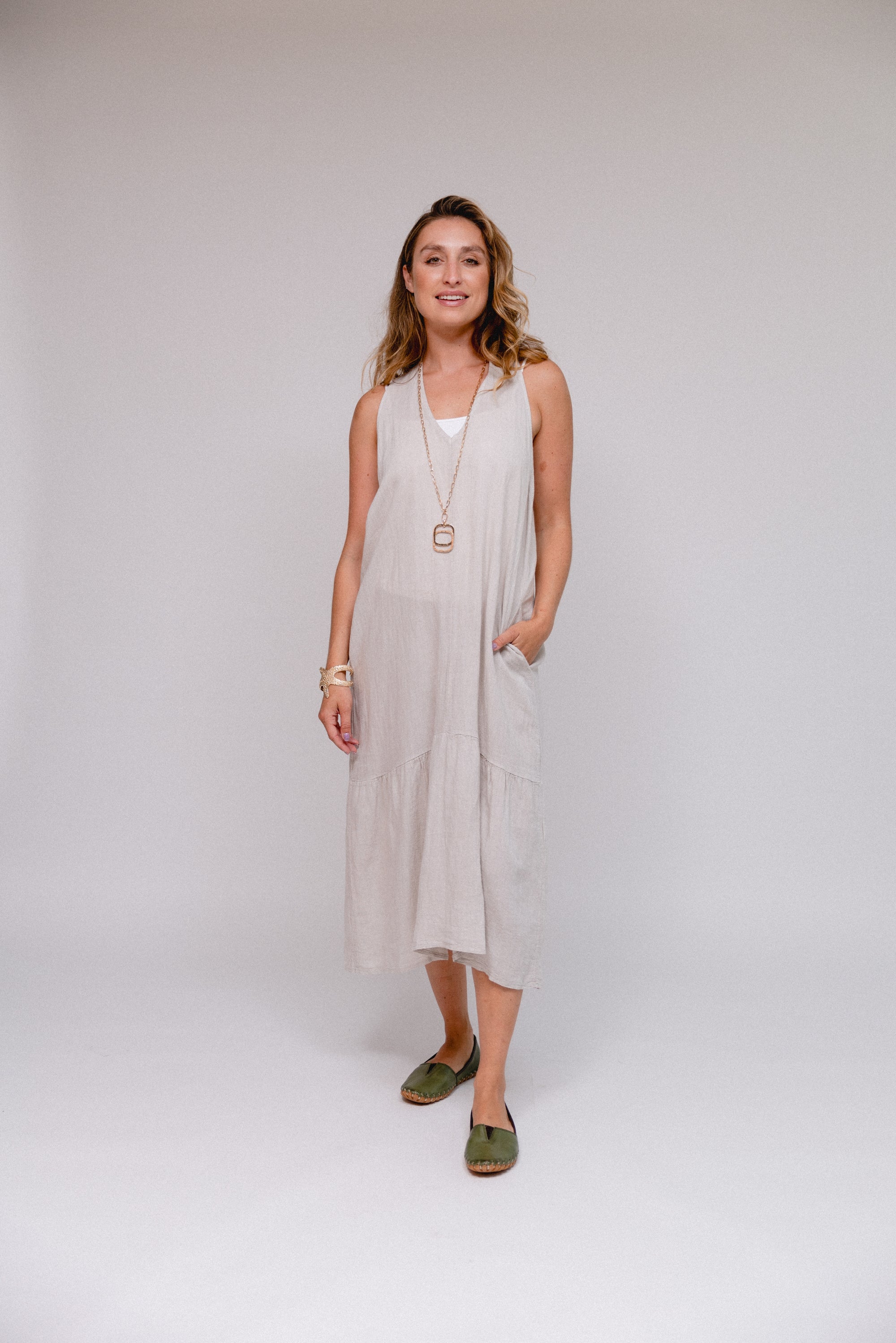 V-Neck Racer Back Dress Sand Front