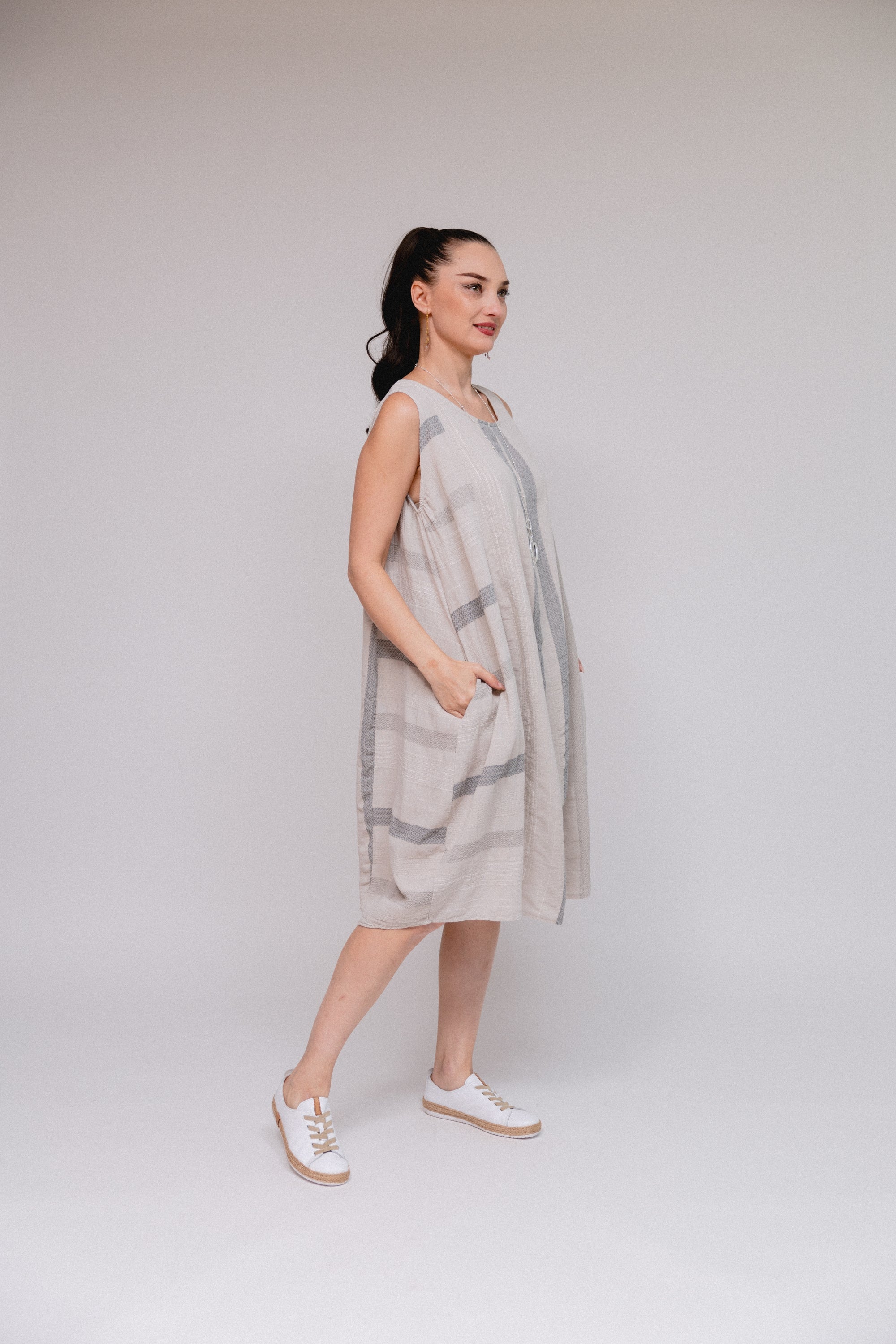 Stripe Bubble Dress Sand Side