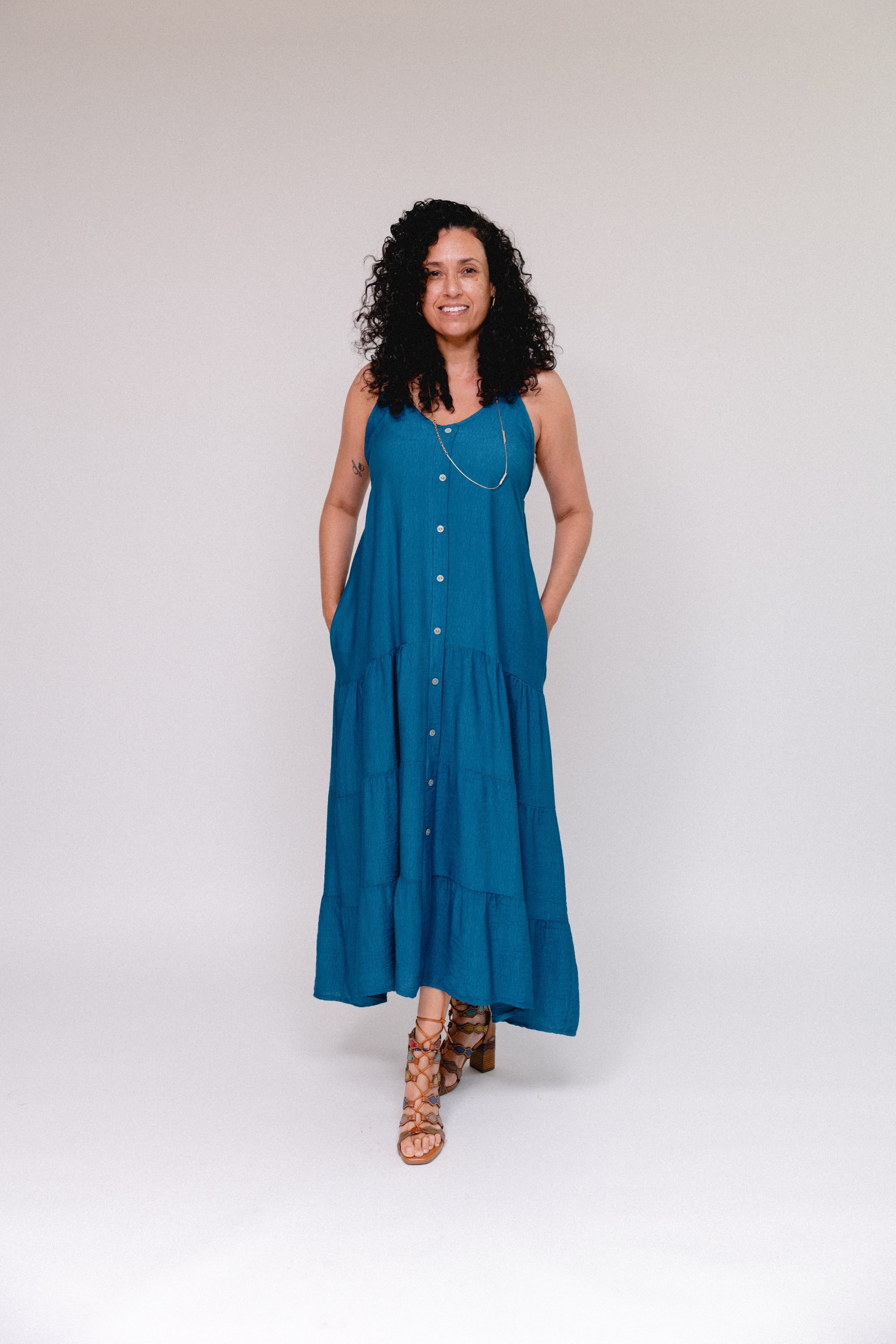Thin Strap Button Sundress Teal Front