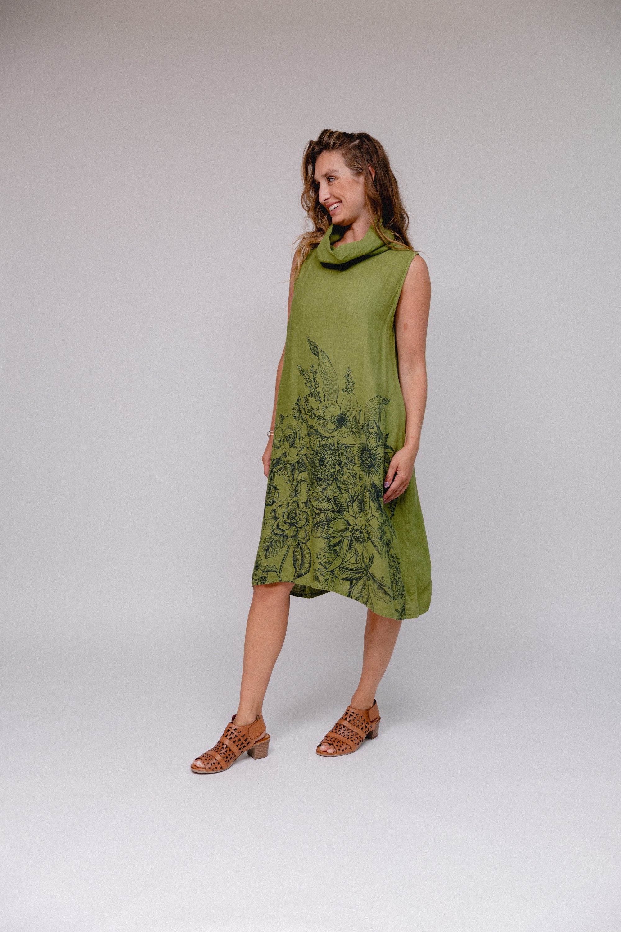 Sleeveless Cowl Floral Hem Dress Kiwi Side