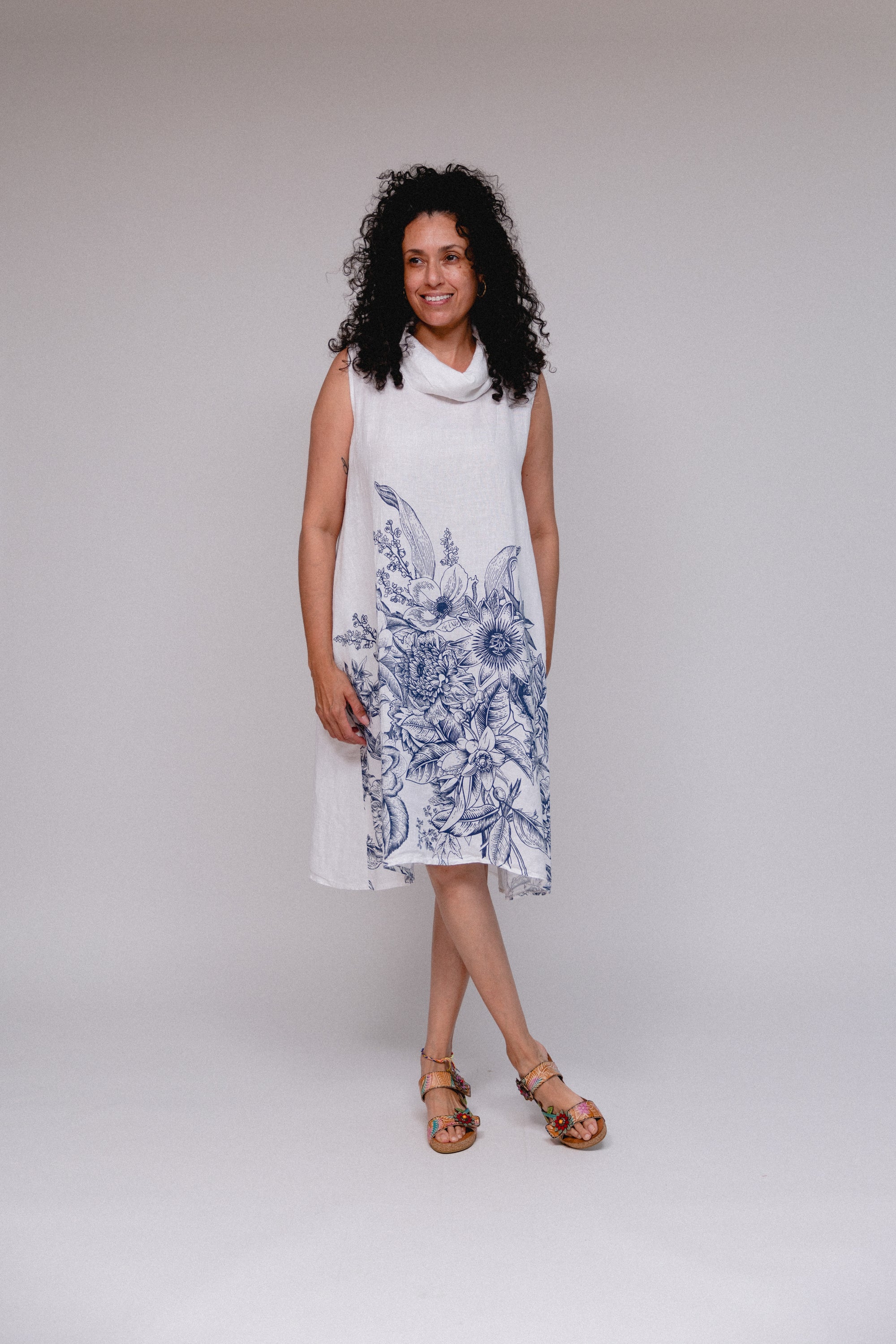 Sleeveless Cowl Floral Hem Dress White Front