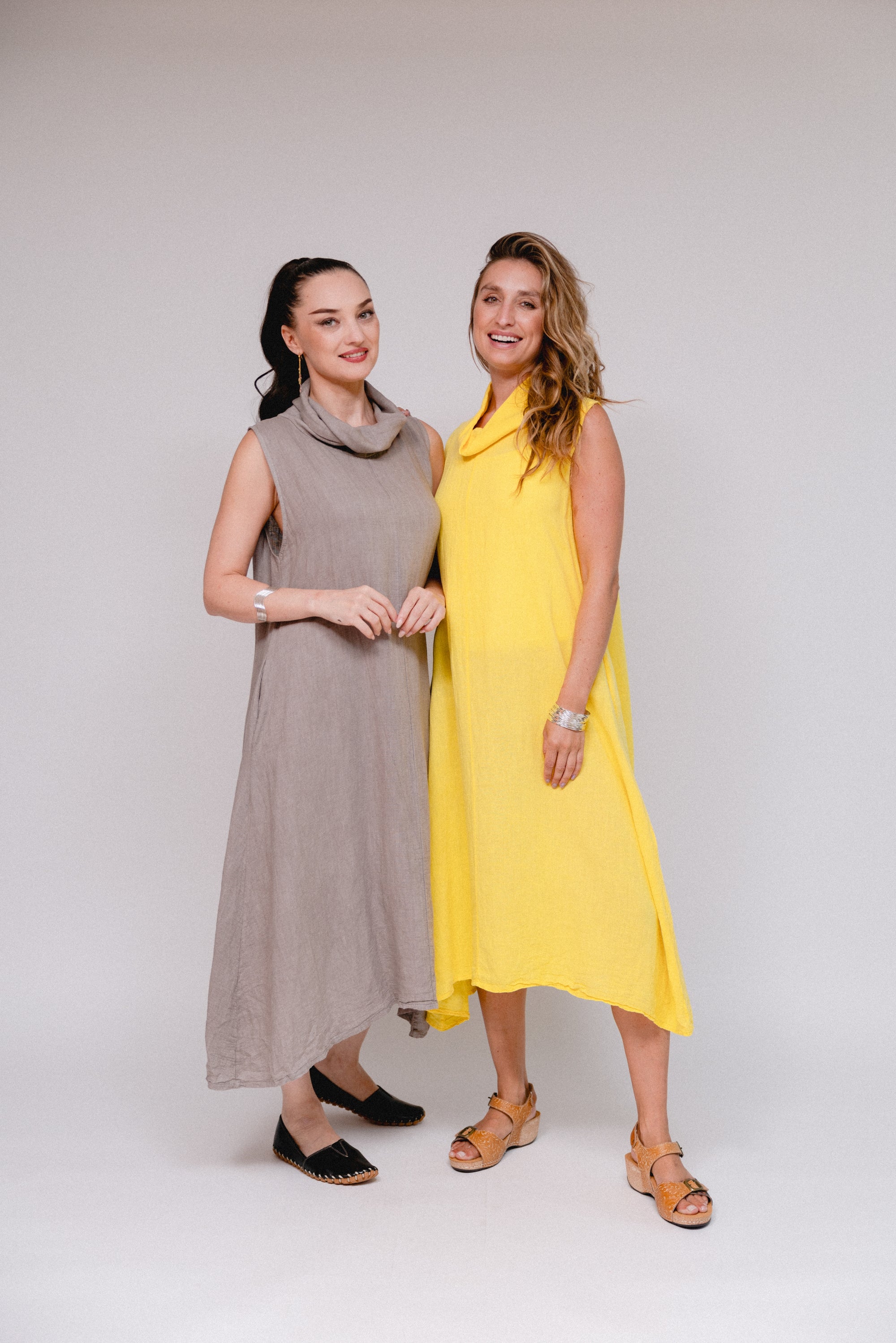 Cowl A-Line Hem Dress Taupe and Yellow Front