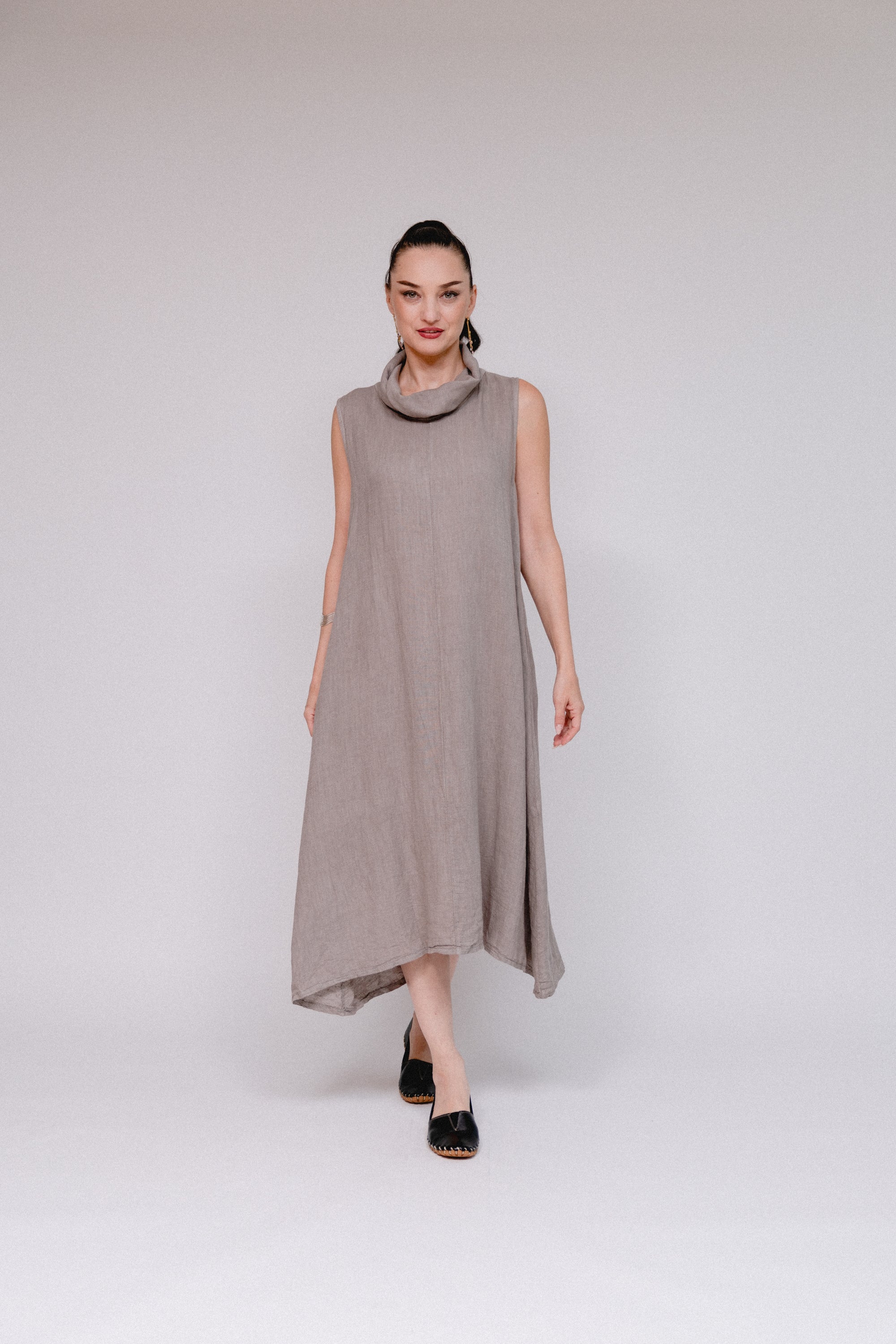 Cowl A-Line Hem Dress Taupe Front