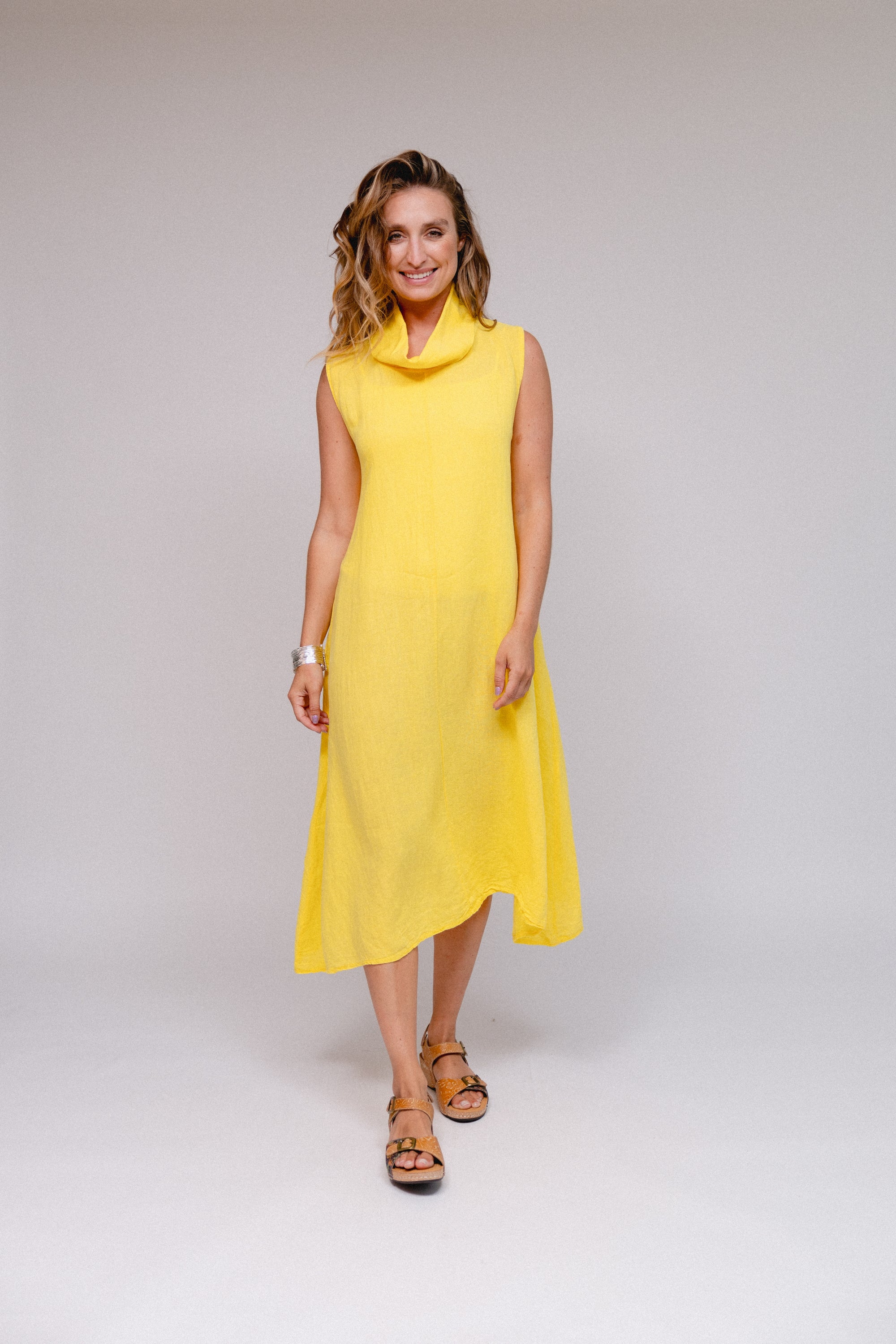 Cowl A-Line Hem Dress Yellow Front