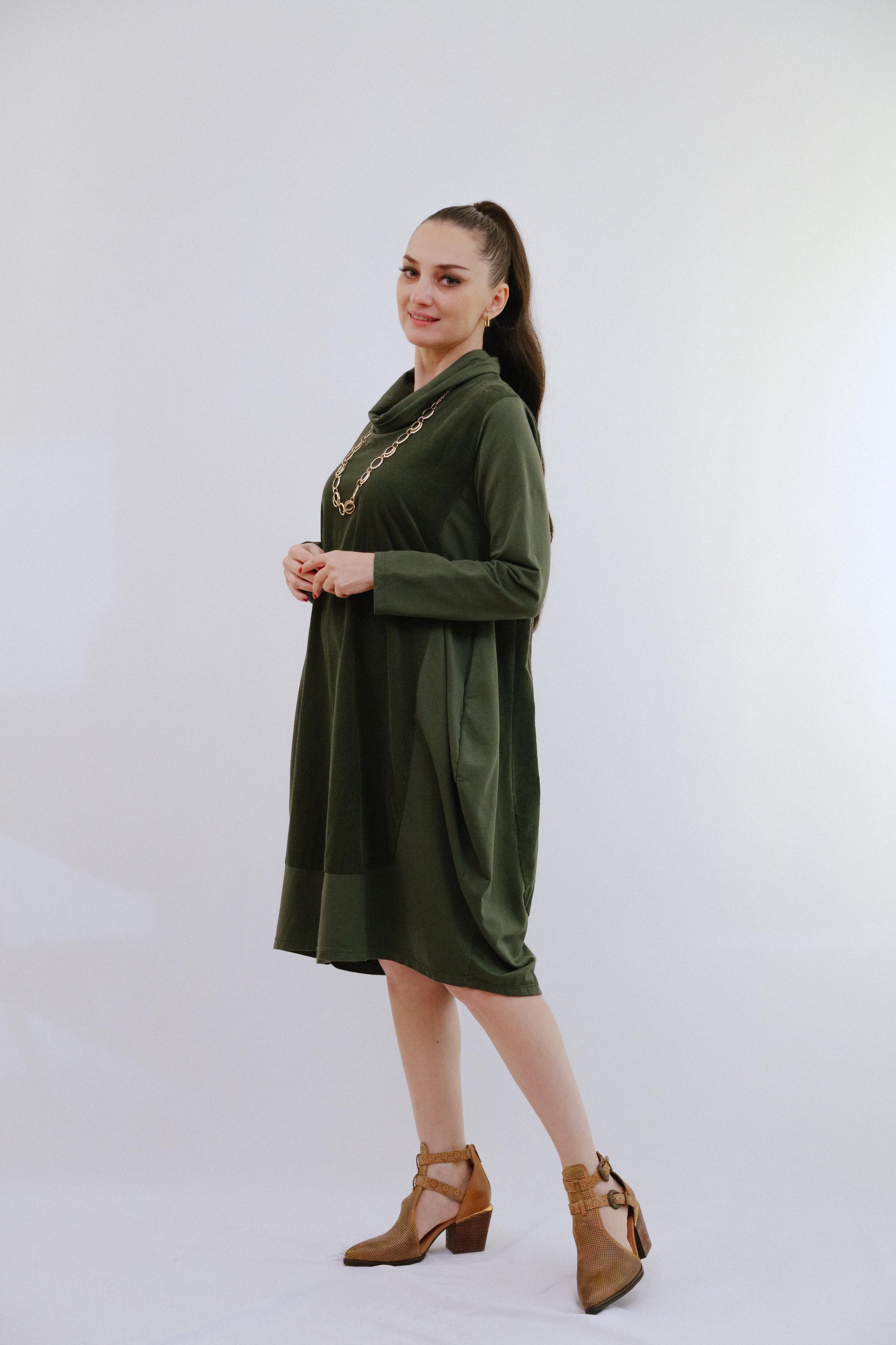 Mix Media Bubble Dress in Olive_Side
