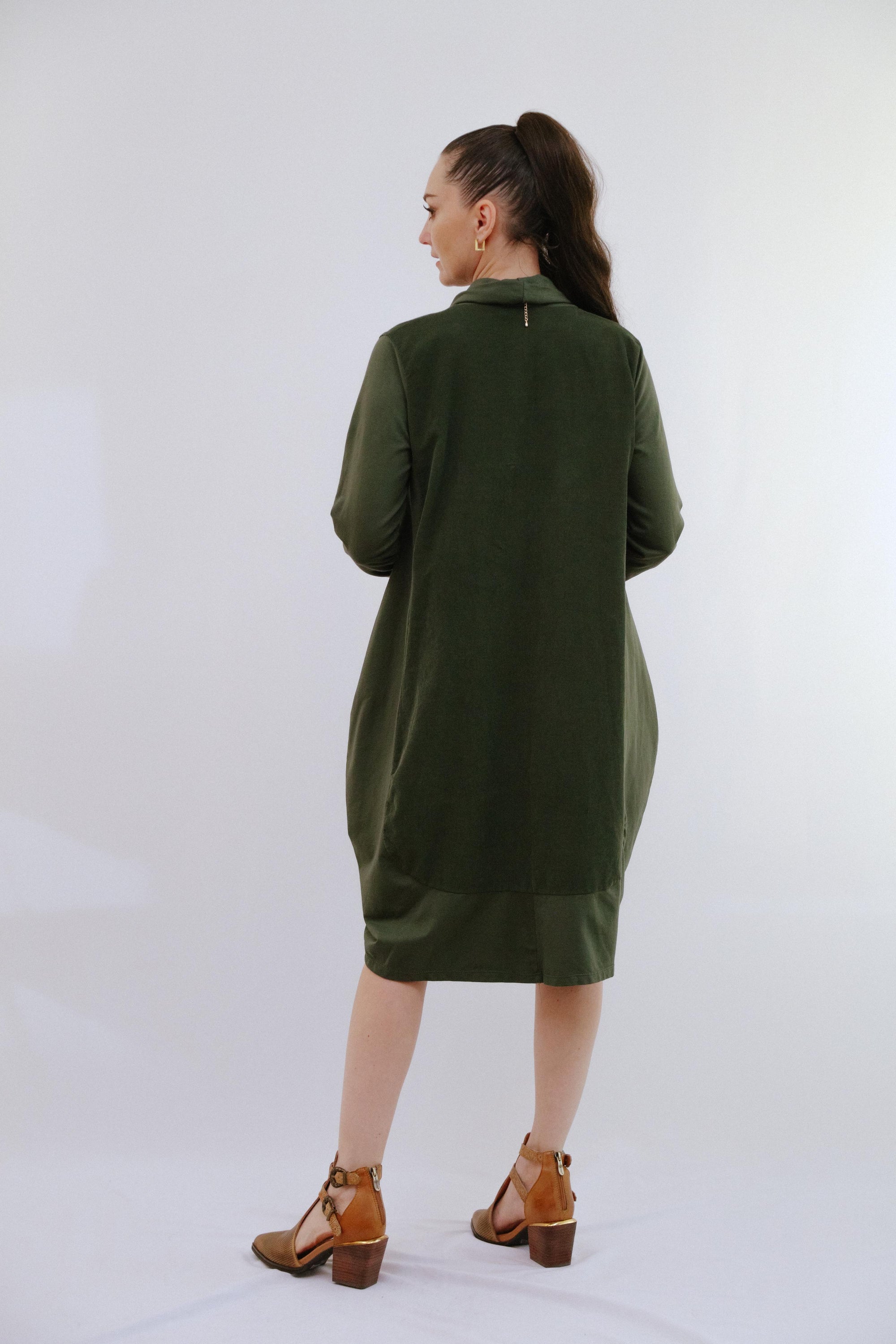 Mix Media Bubble Dress in Olive_Back