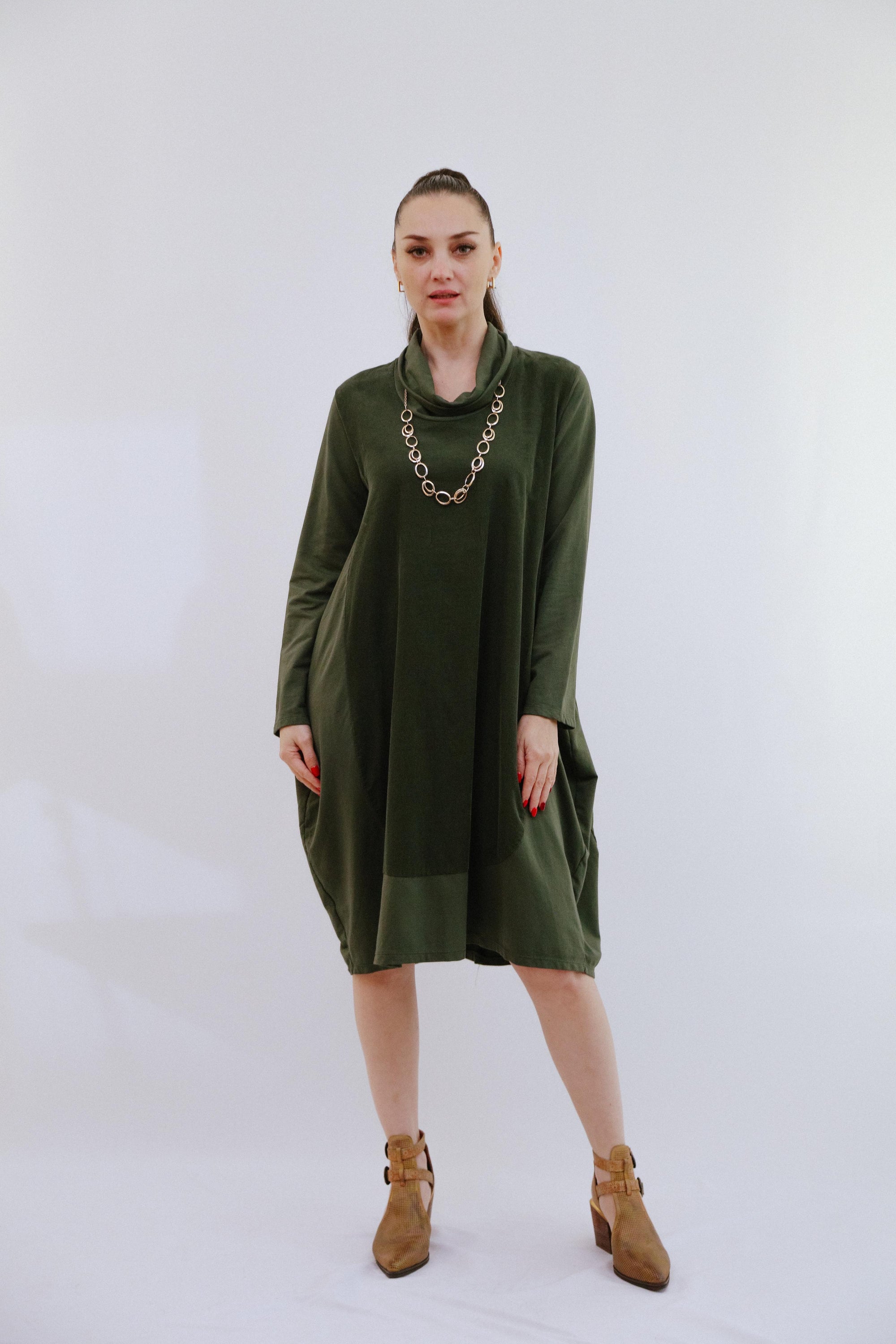 Mix Media Bubble Dress in Olive_Front