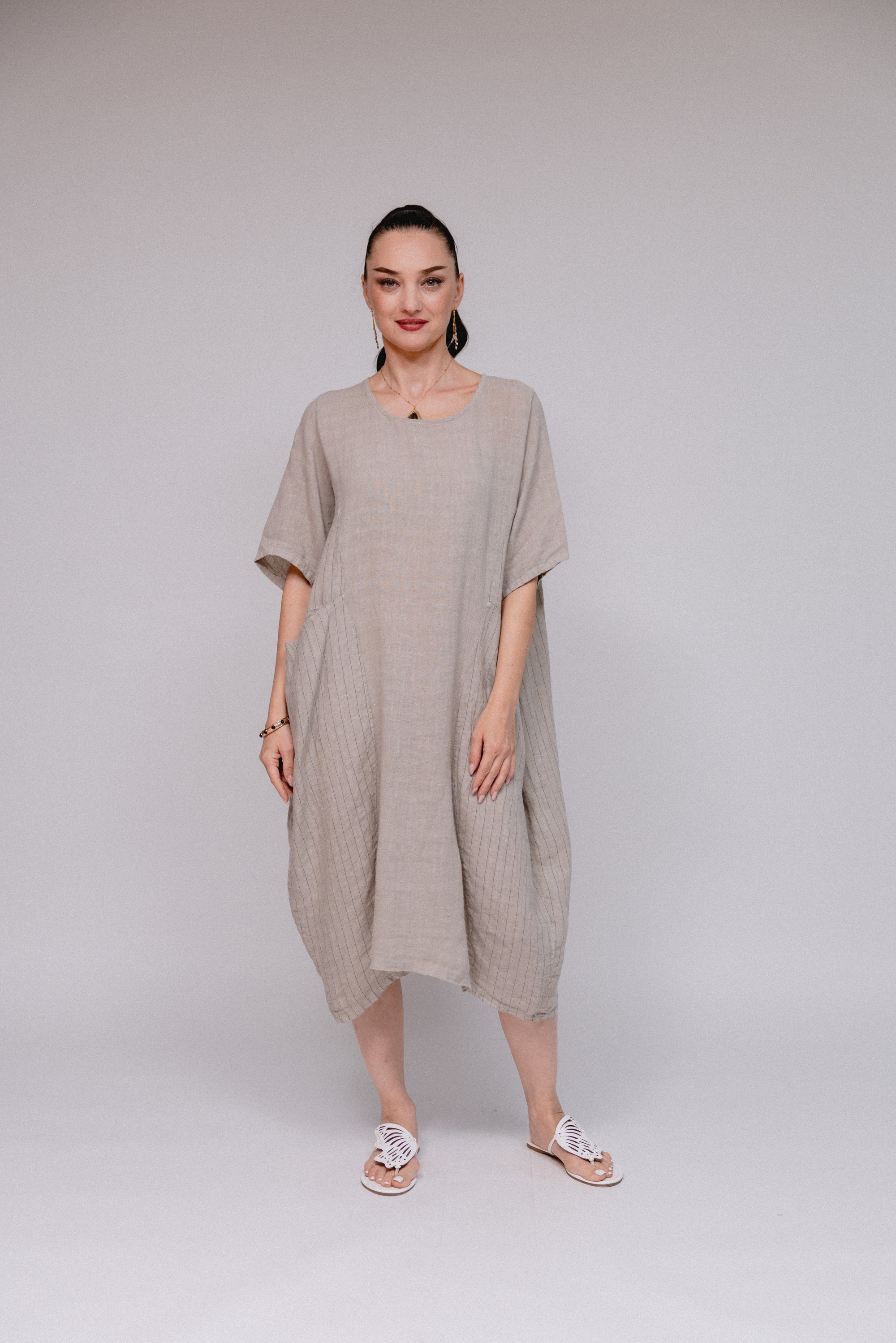 Round Neck Stripe Side Dress Taupe Round Neck Stripe Side Dress Taupe