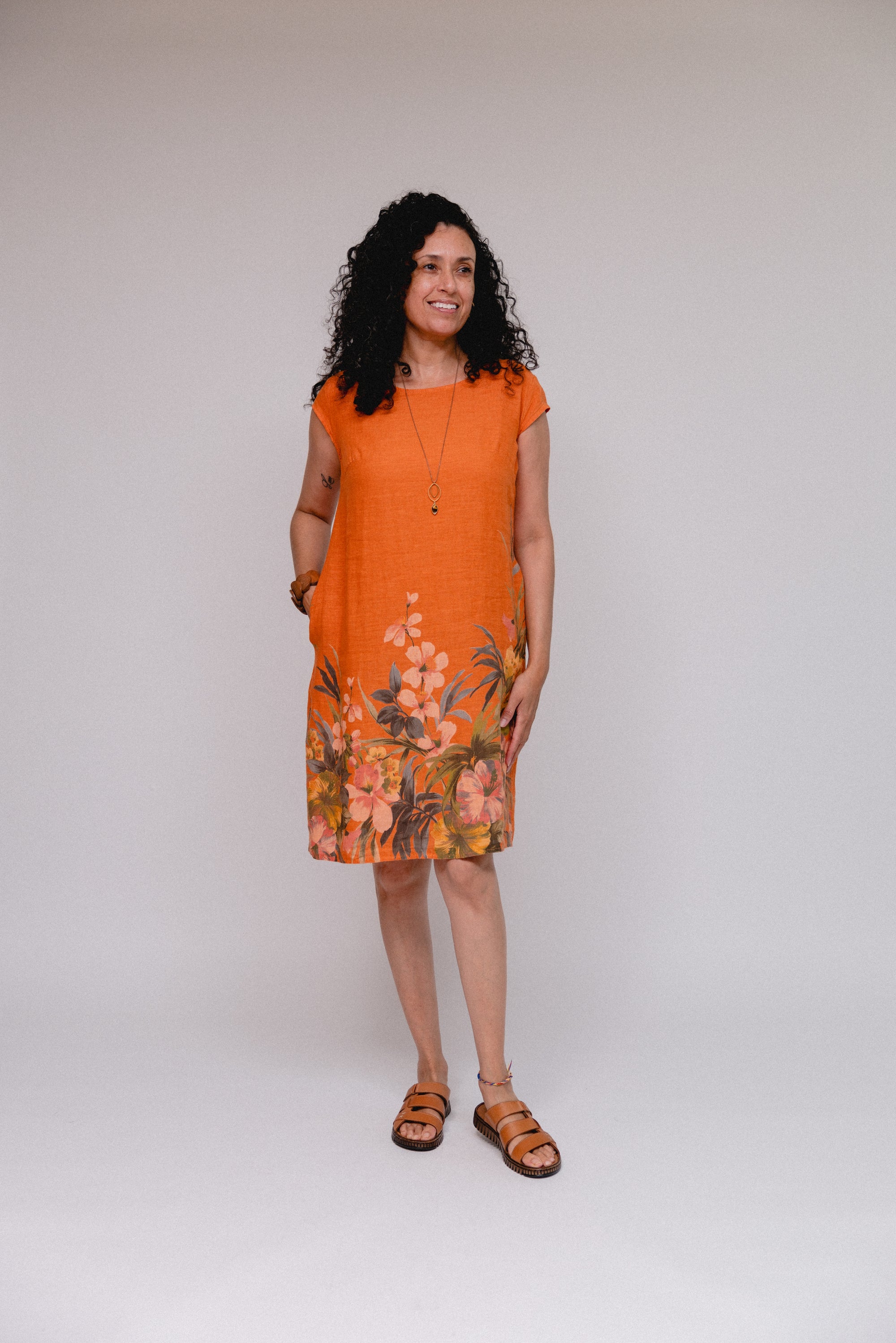 Cap Sleeve Floral Hem Dress Orange Front
