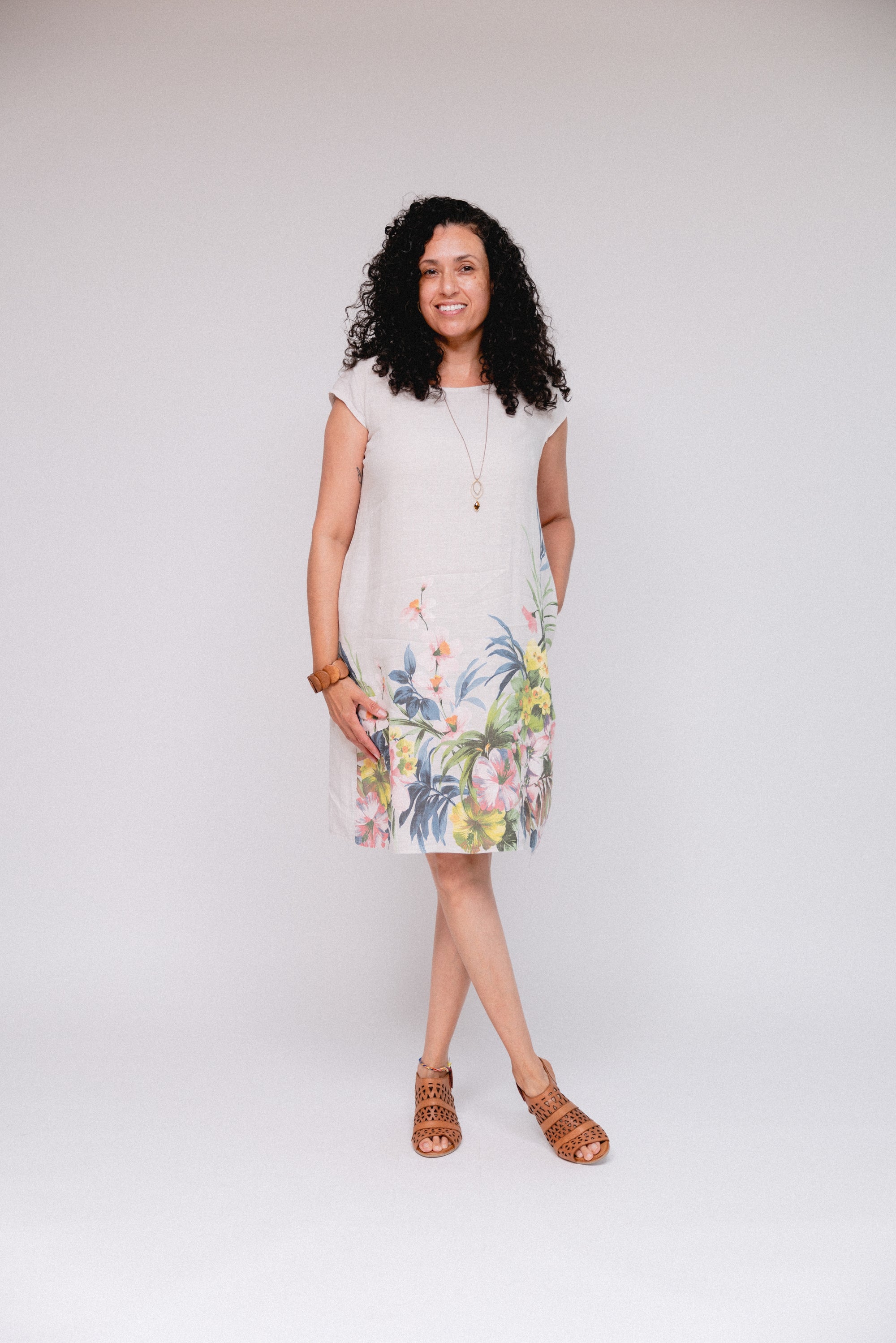 Cap Sleeve Floral Hem Dress Sand Front