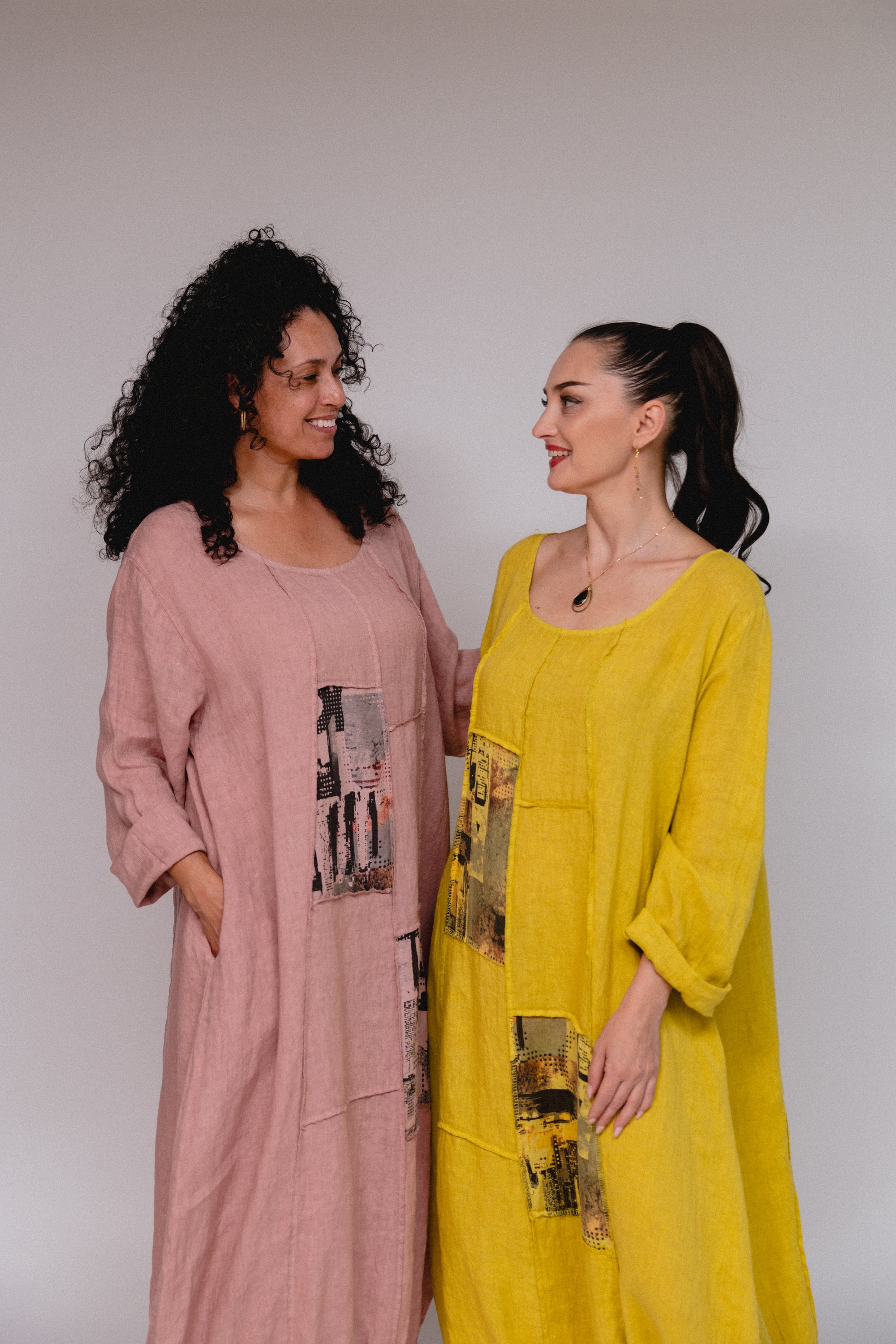 Patch l Print on Parallel Maxi Dress Yellow and Pink Front