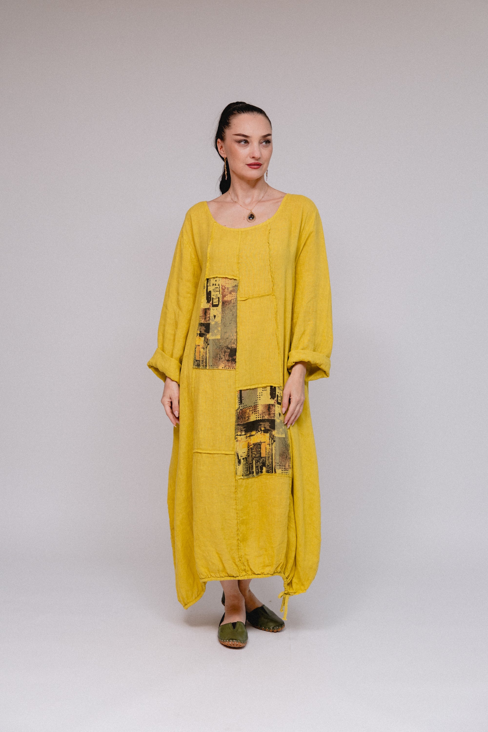 Patch l Print on Parallel Maxi Dress Yellow Front
