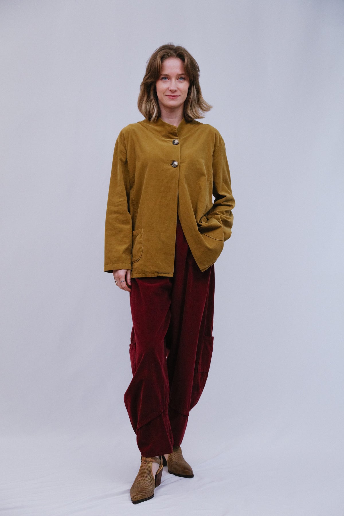 2 Button Long Sleeve Top in Camel_Front