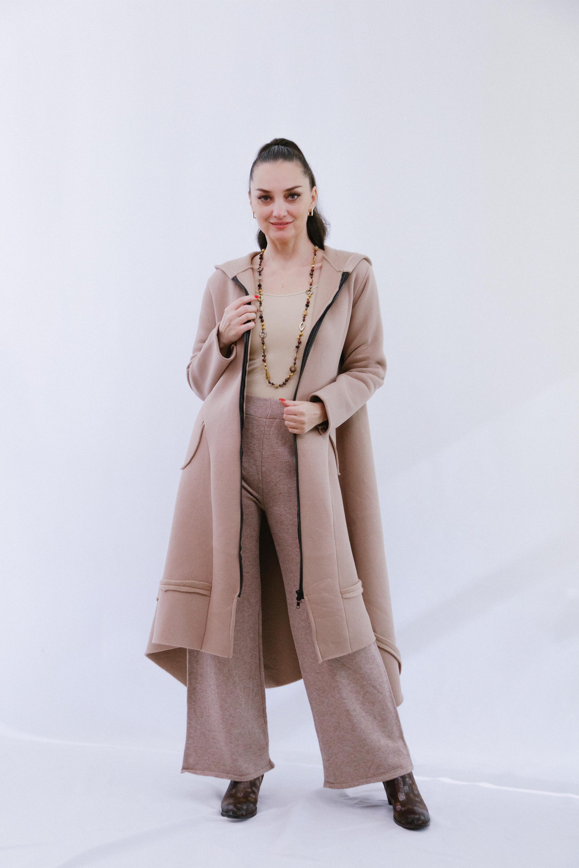 Zip Long Coat in Sand_Front