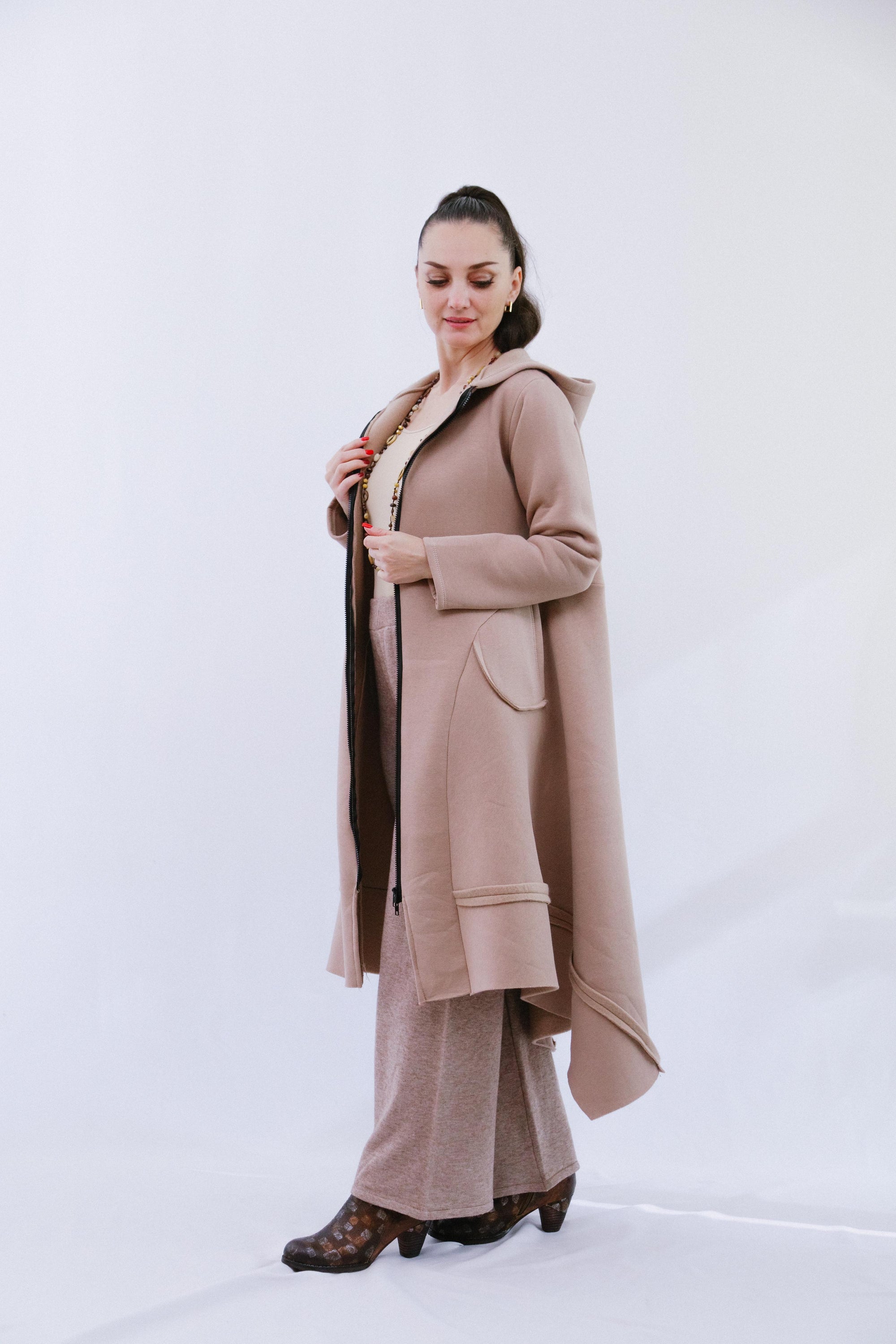 Zip Long Coat in Sand_Side