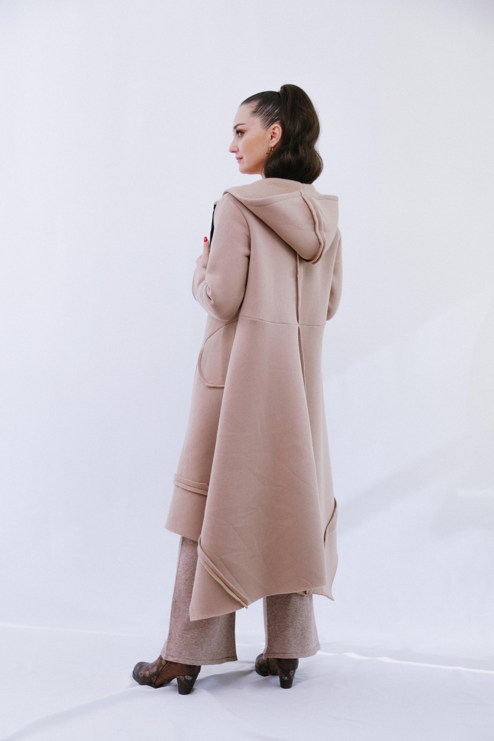Zip Long Coat in Sand_Back