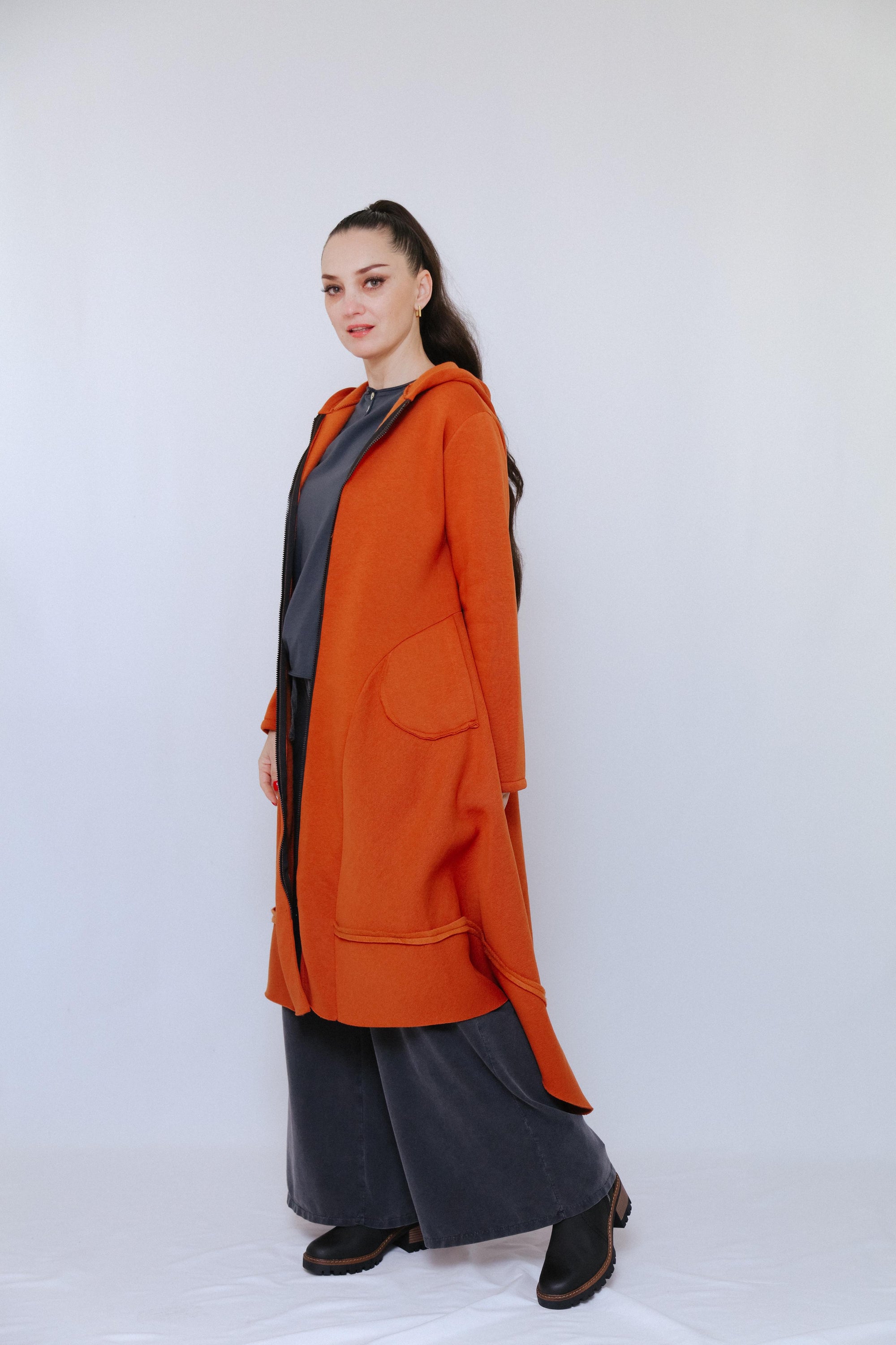 Zip Long Coat in Terra_Side