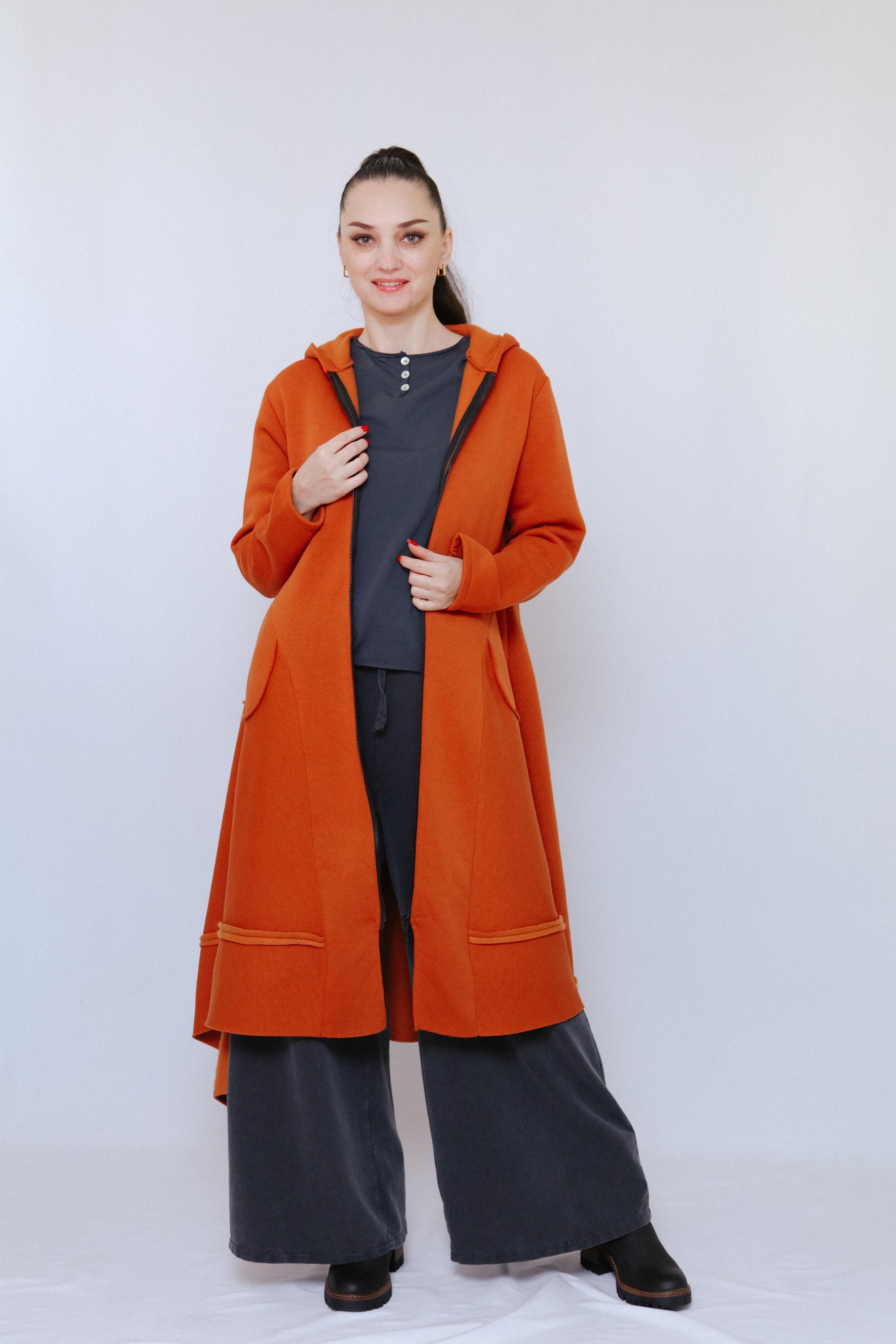 Zip Long Coat in Terra_Front