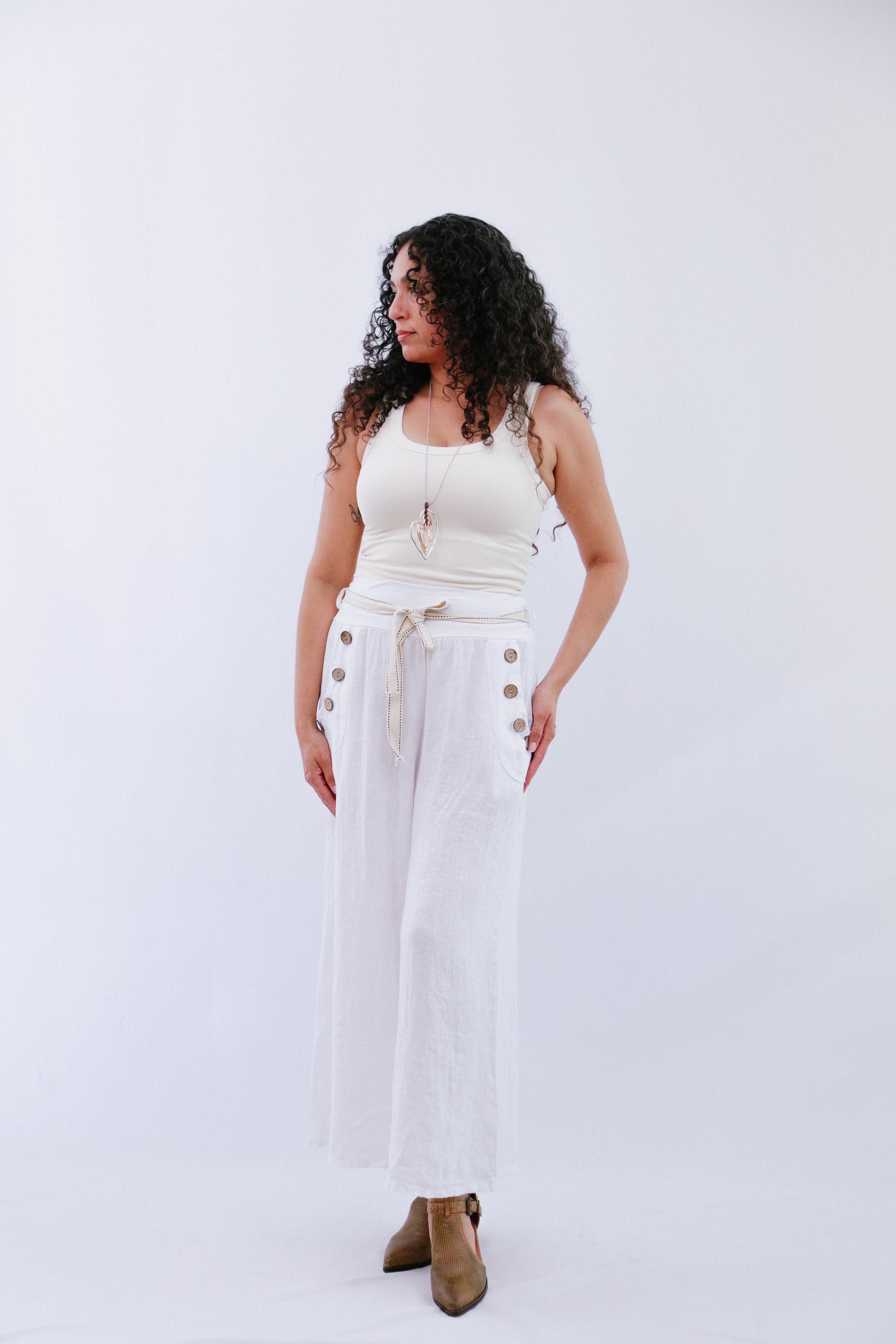 Button Pocket Accent Pants White Front