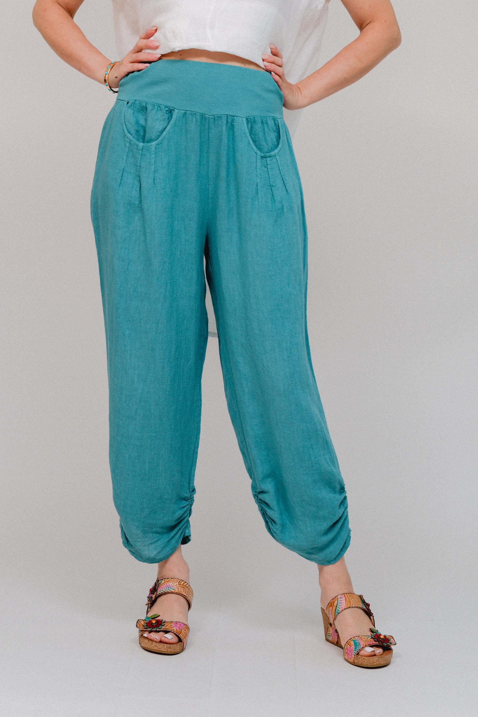 Side-Ruched Tapered Hem Pants Seablue Front