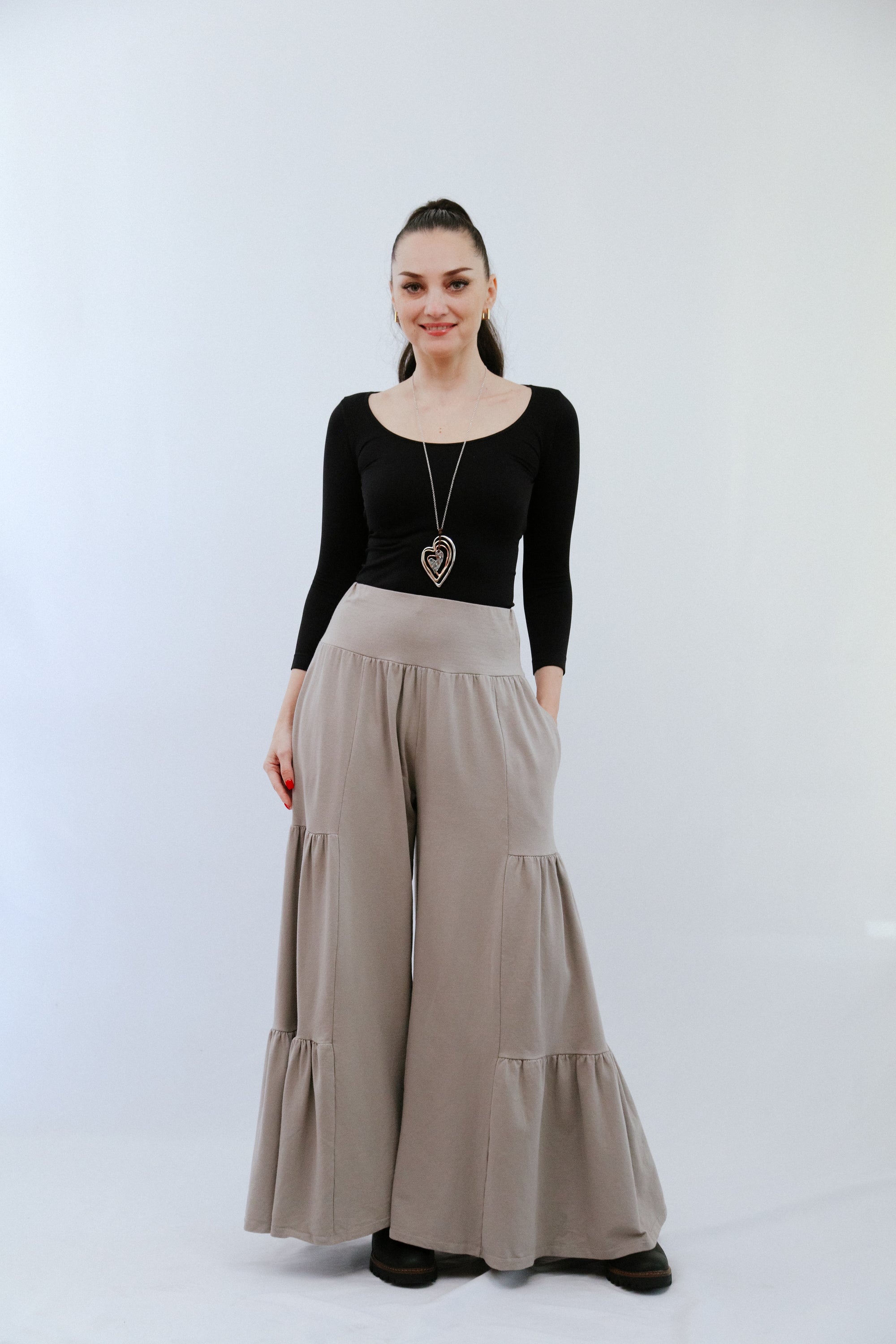 Tiered Palazzo Pants Taupe Front