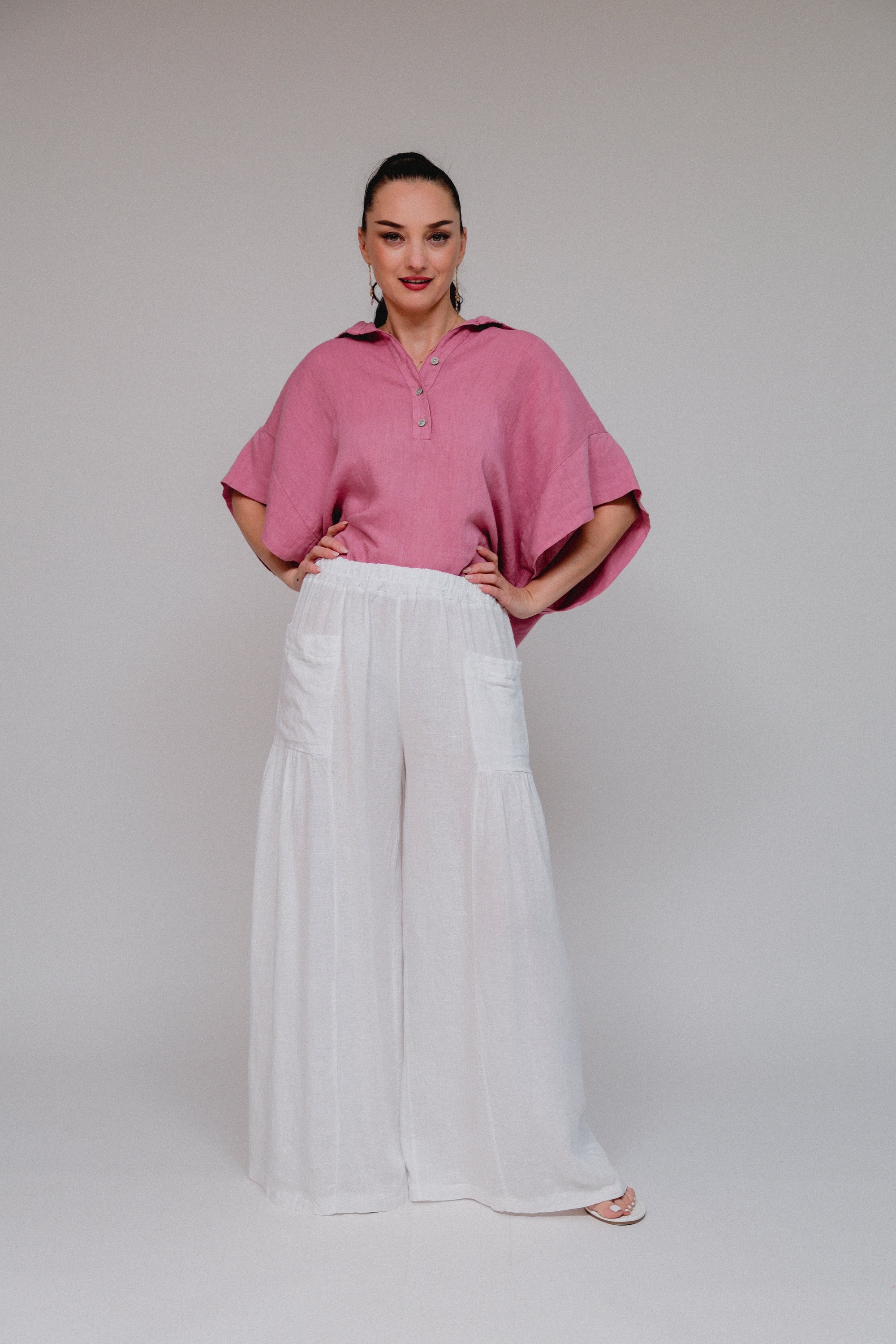 Front Pocket Shirred Pants White Front