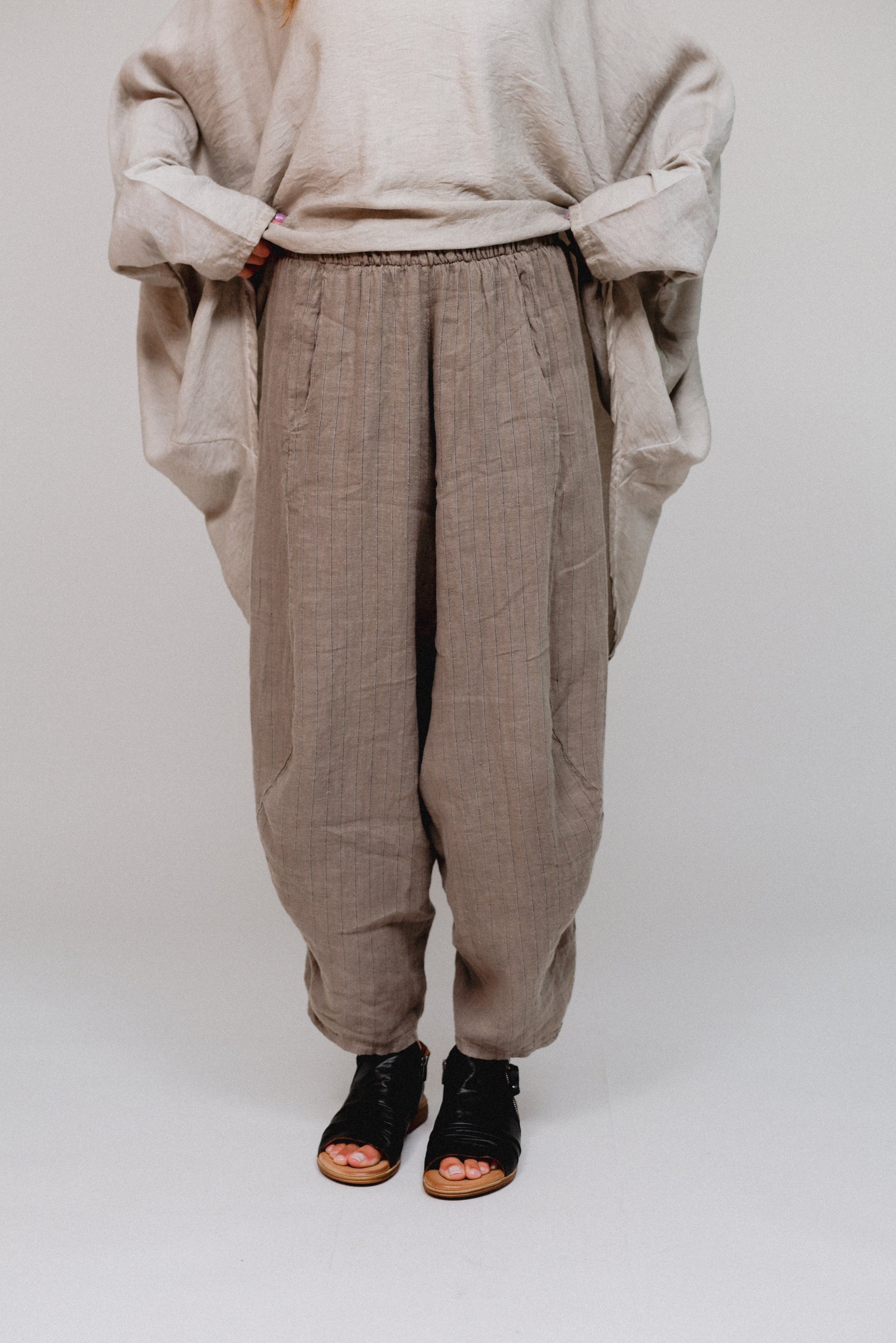 Pinstripe Barrel Pants Taupe Front