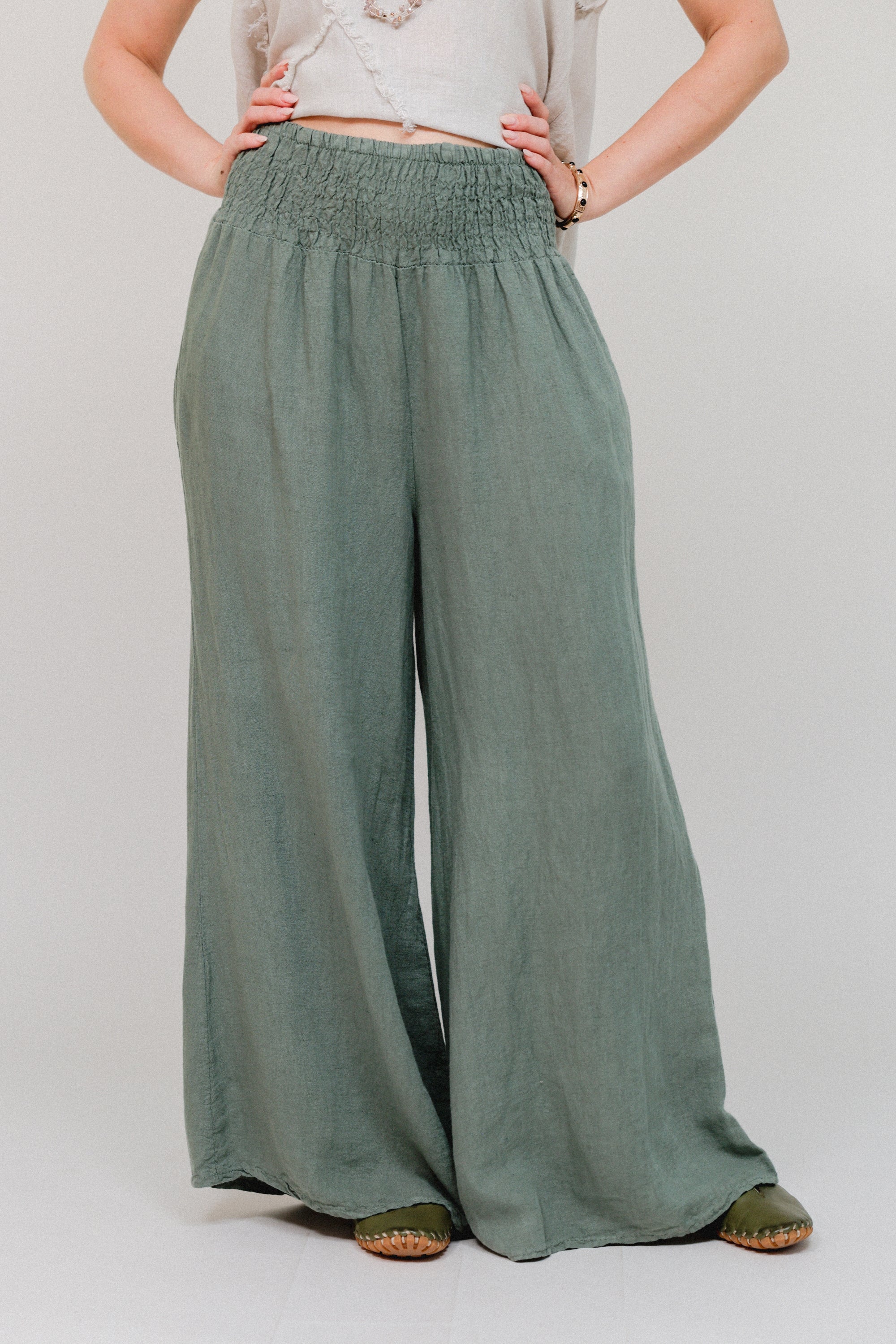 Smocked Waist Wide Leg Pant Olive Front