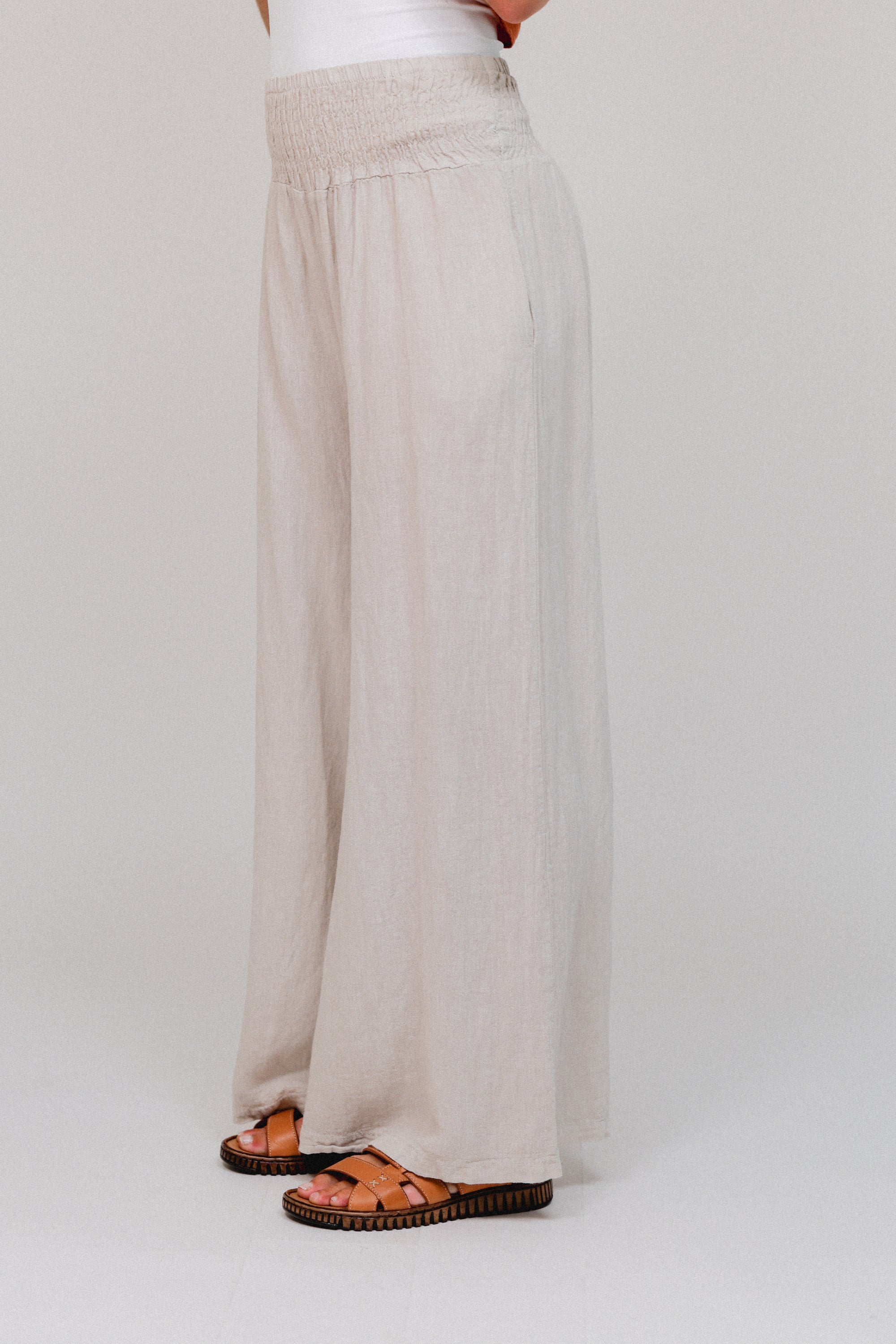 Smocked Waist Wide Leg Pant Sand Side