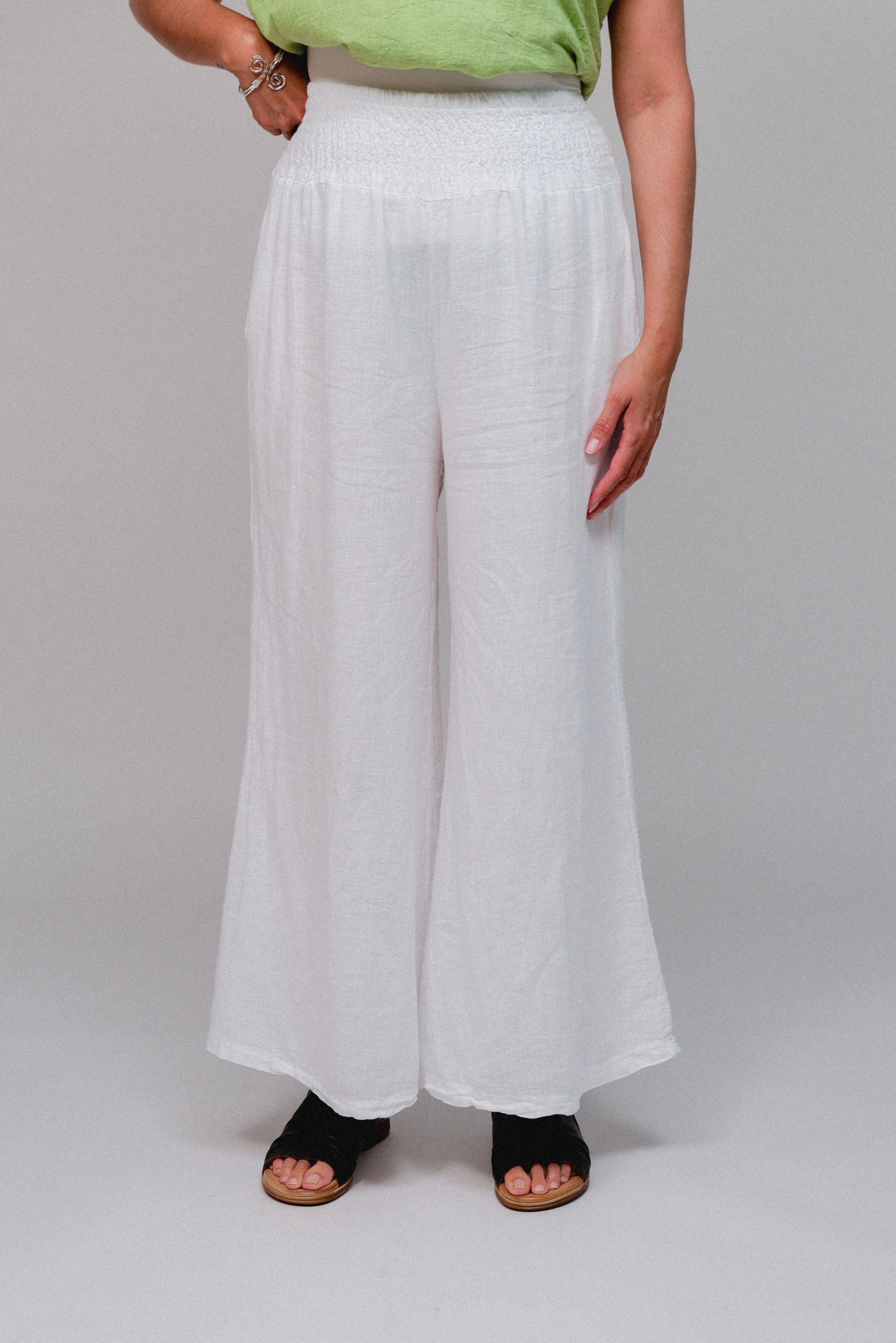 Smocked Waist Wide Leg Pant White Front