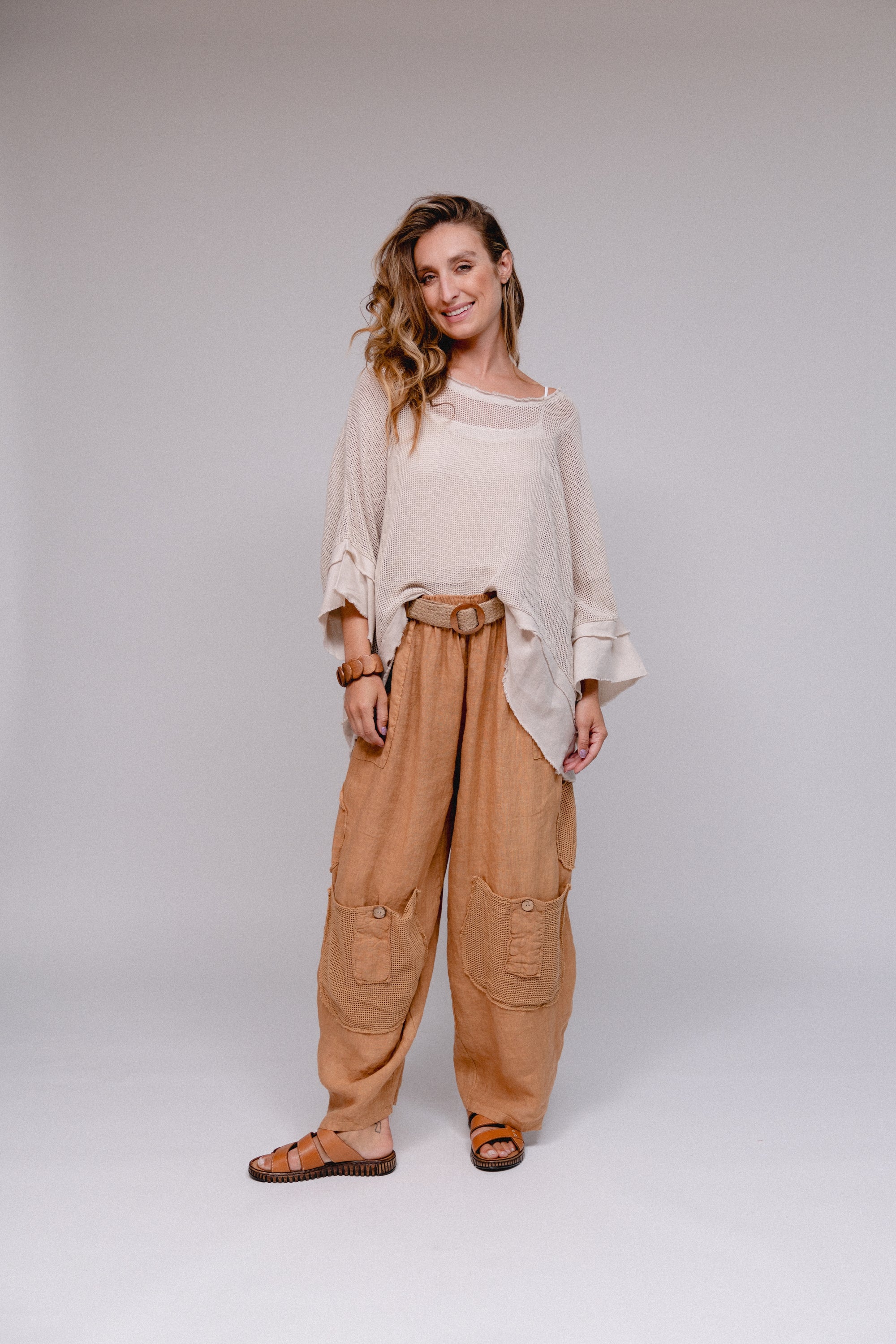 Weave Accent with Belt Pant Camel Front