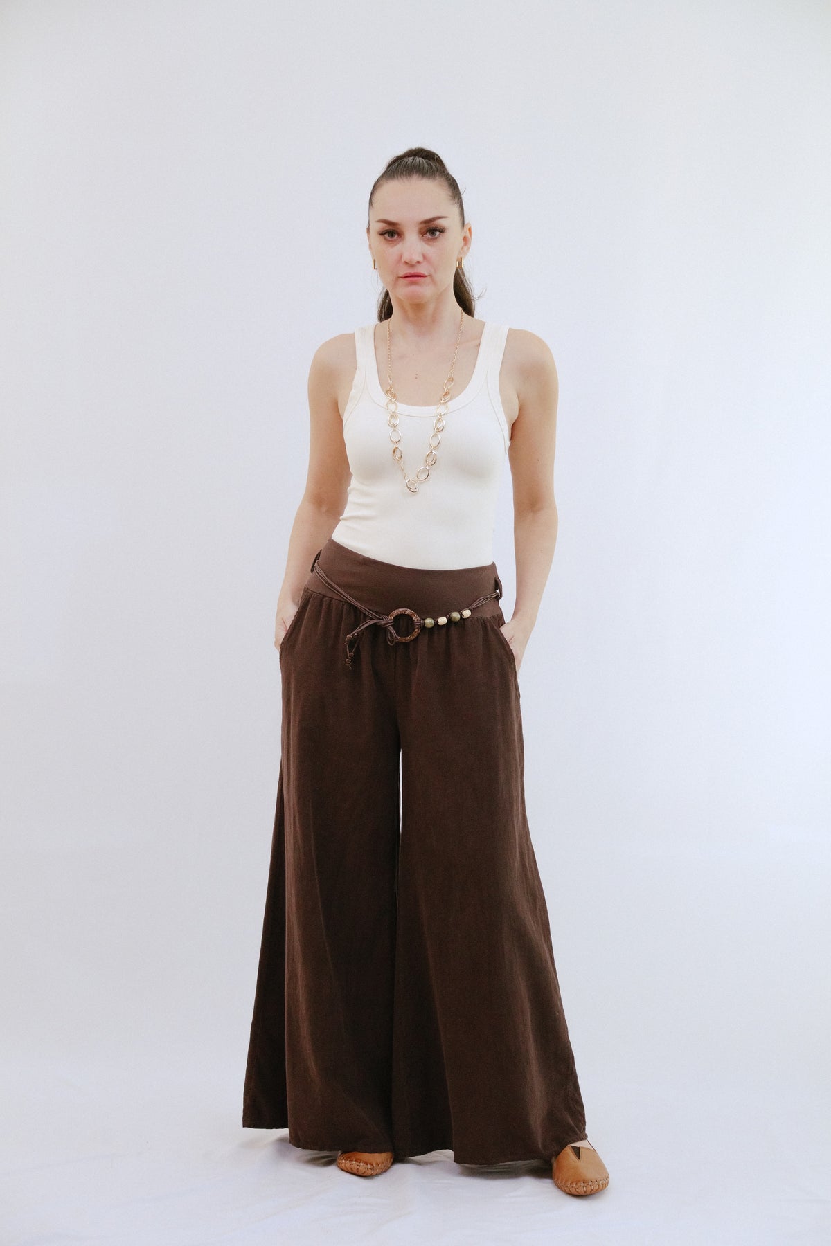 Wide Leg Pants W/Art Belt in Coco_Front