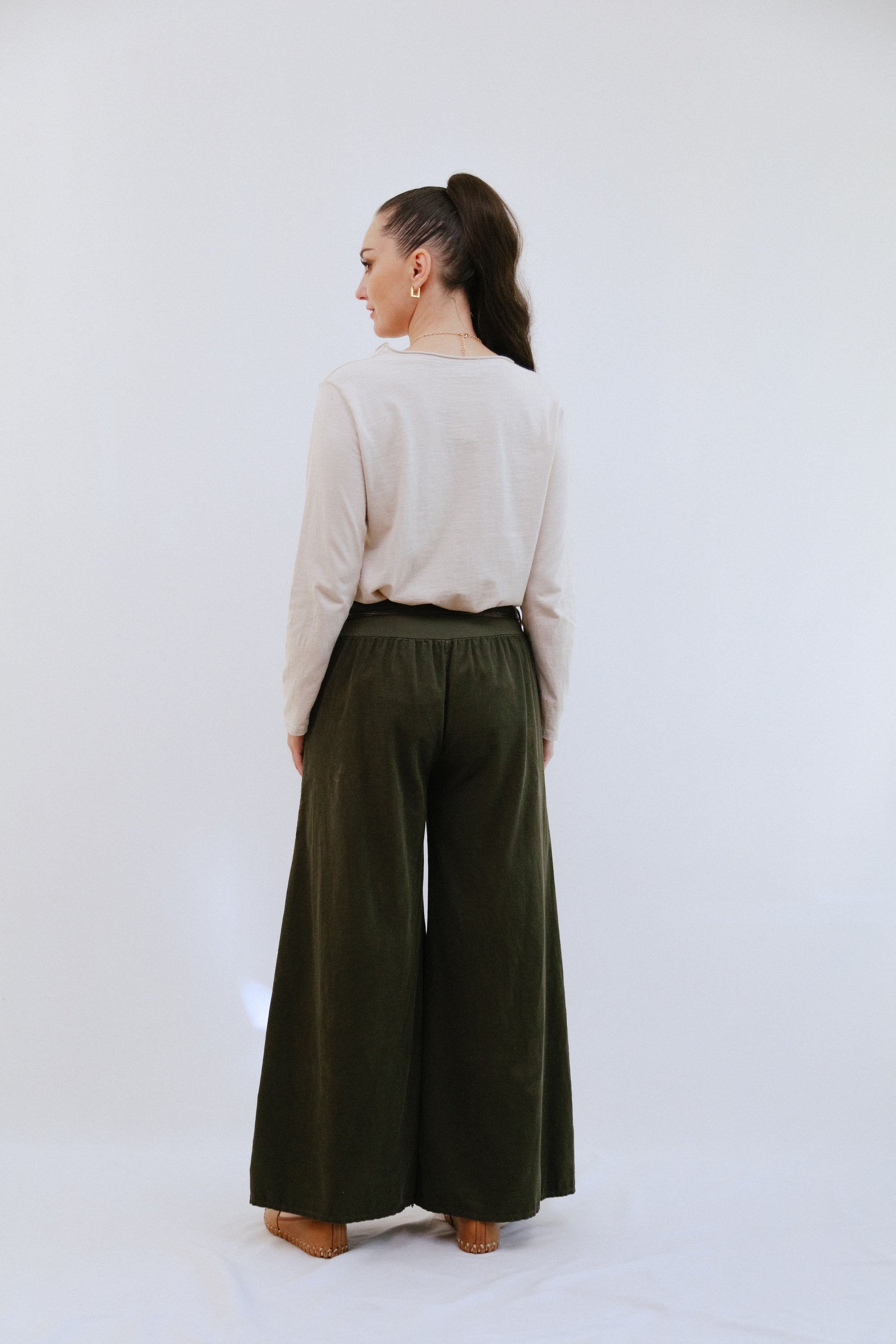Saga Soft Waist Corduroy Pants Back View in Green