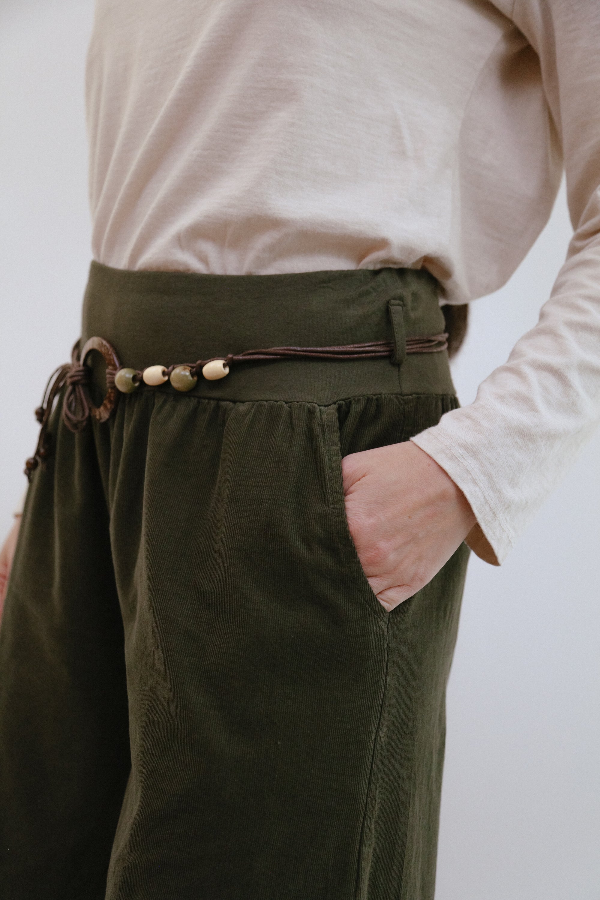 Saga Soft Waist Corduroy Pants Waist Detail in Green