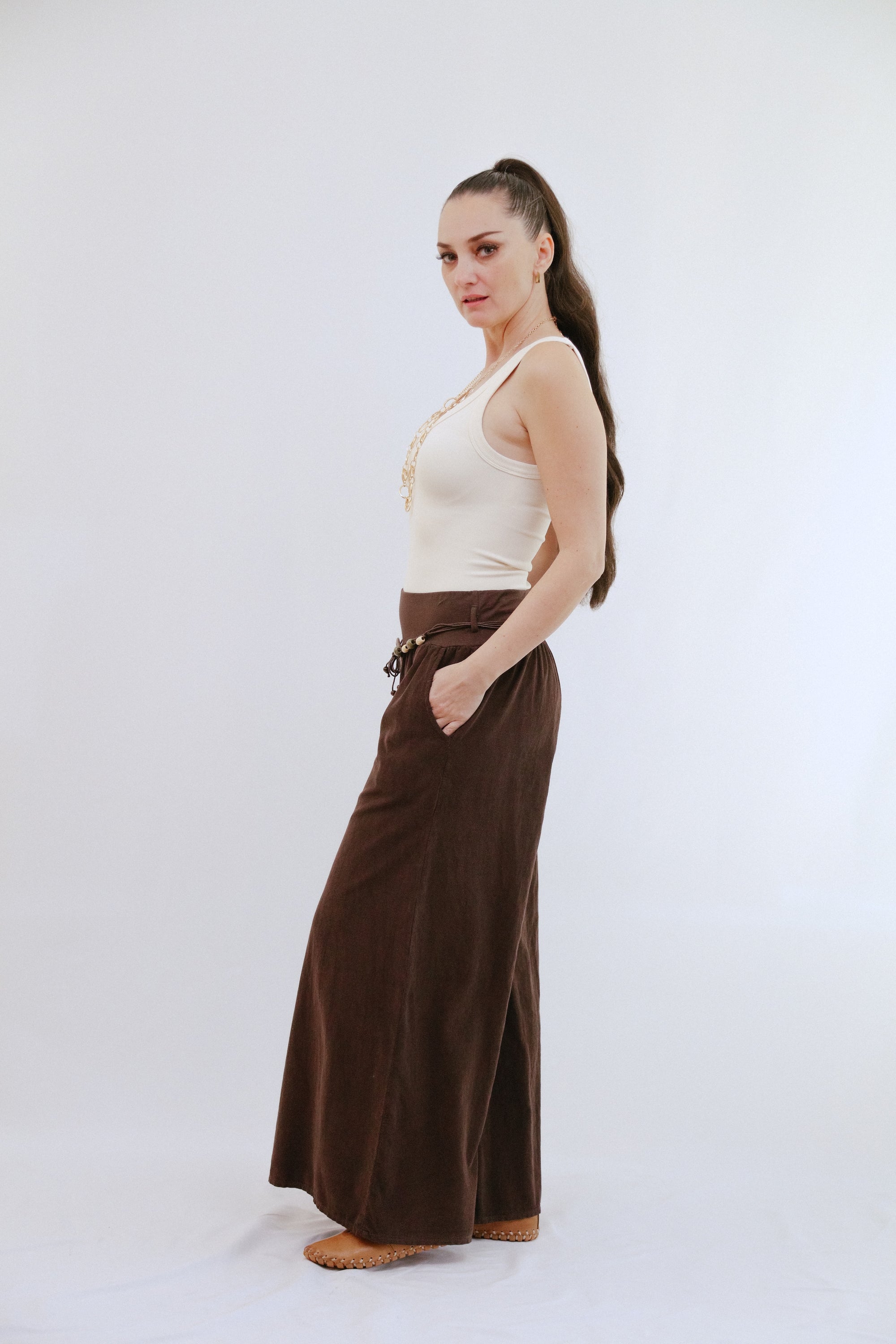 Saga Soft Waist Corduroy Pants Side View in Coco