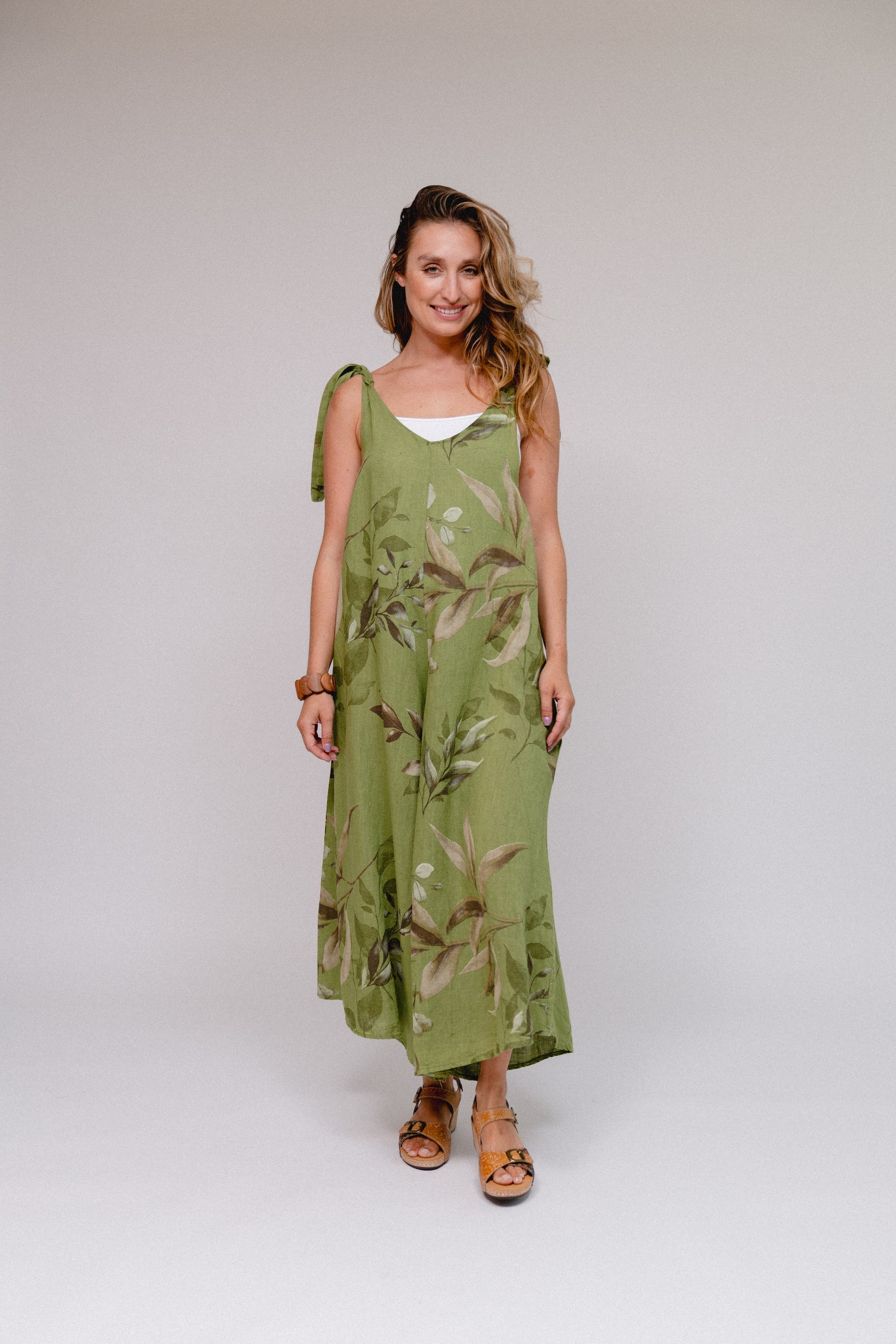 Shoulder Tie Leaf Print Pantsuit Kiwi Front