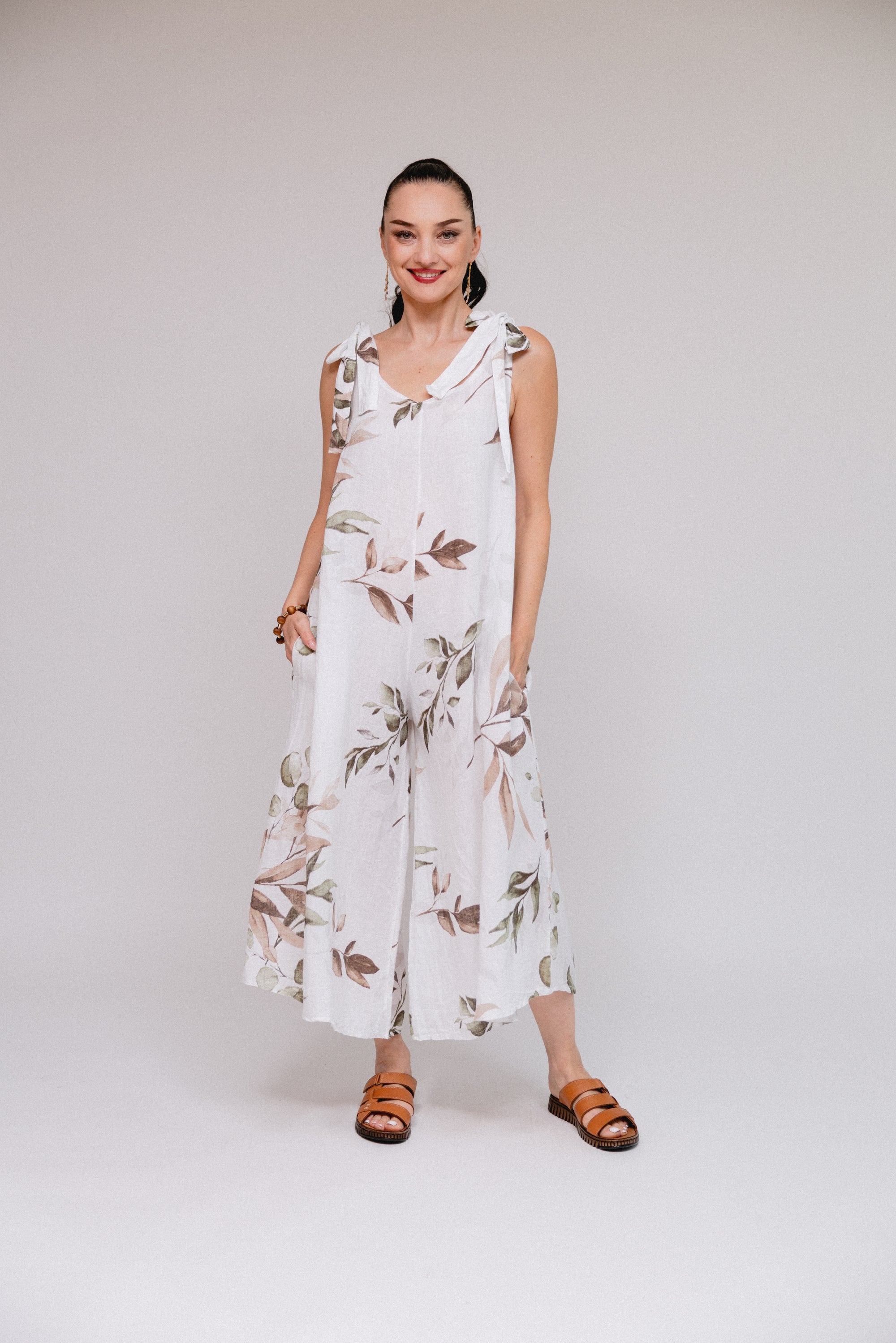Shoulder Tie Leaf Print Pantsuit White Front