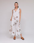 Shoulder Tie Leaf Print Pantsuit White Front
