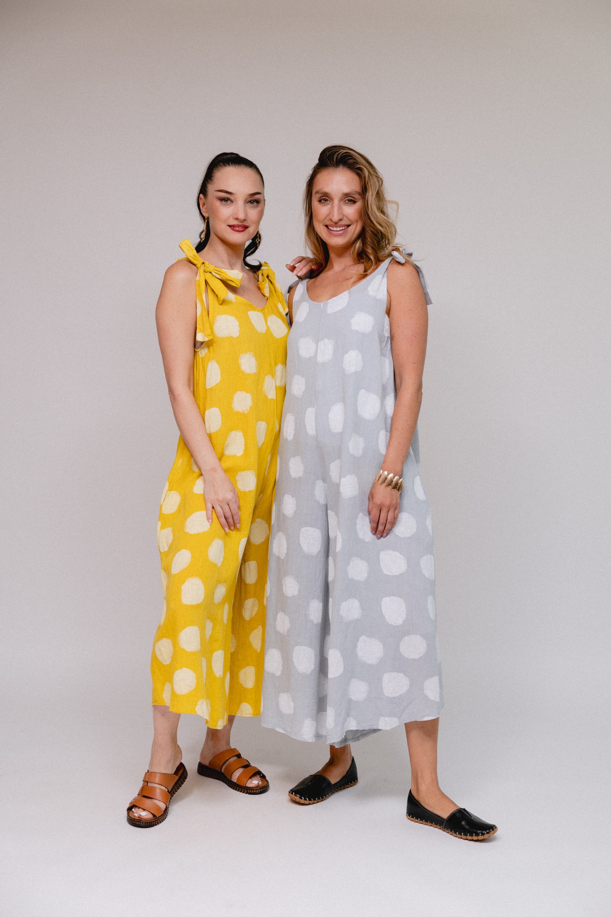 Shoulder Tie Polka Print Pantsuit Yellow & Silver Front