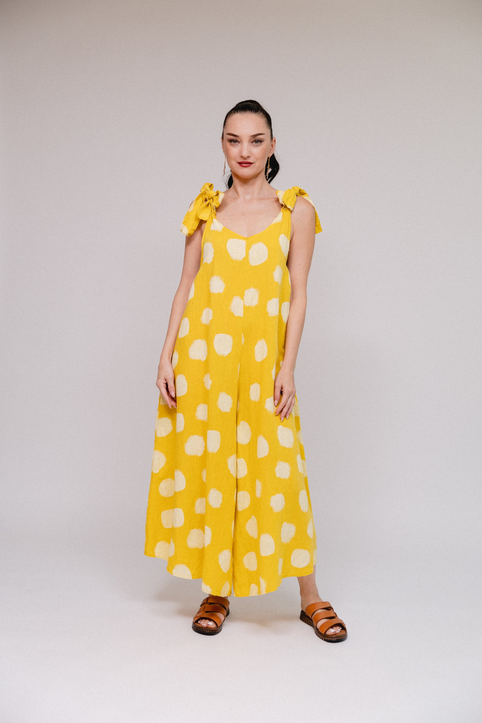 Shoulder Tie Polka Print Pantsuit Yellow Front