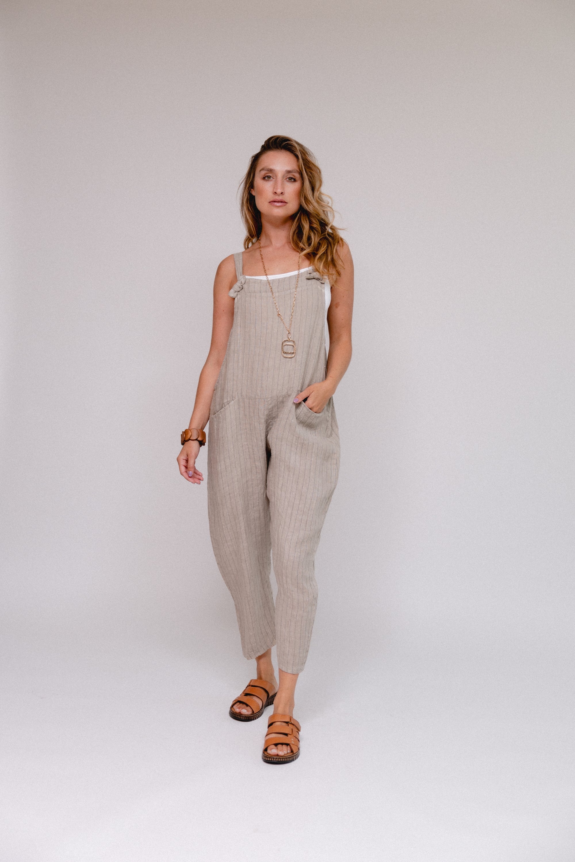 Stripe Front Tie Pantsuit Sand Front