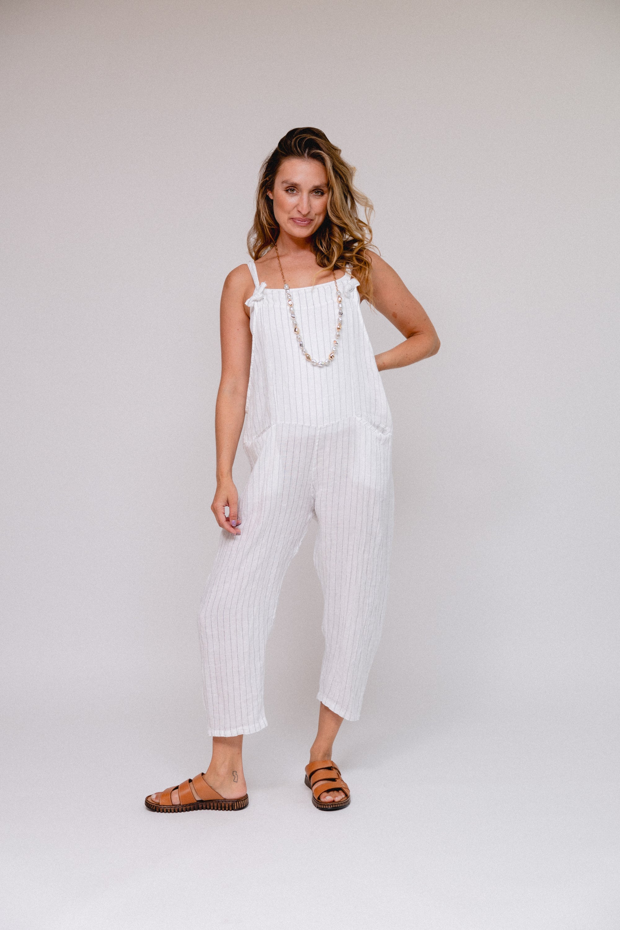 Stripe Front Tie Pantsuit White Front