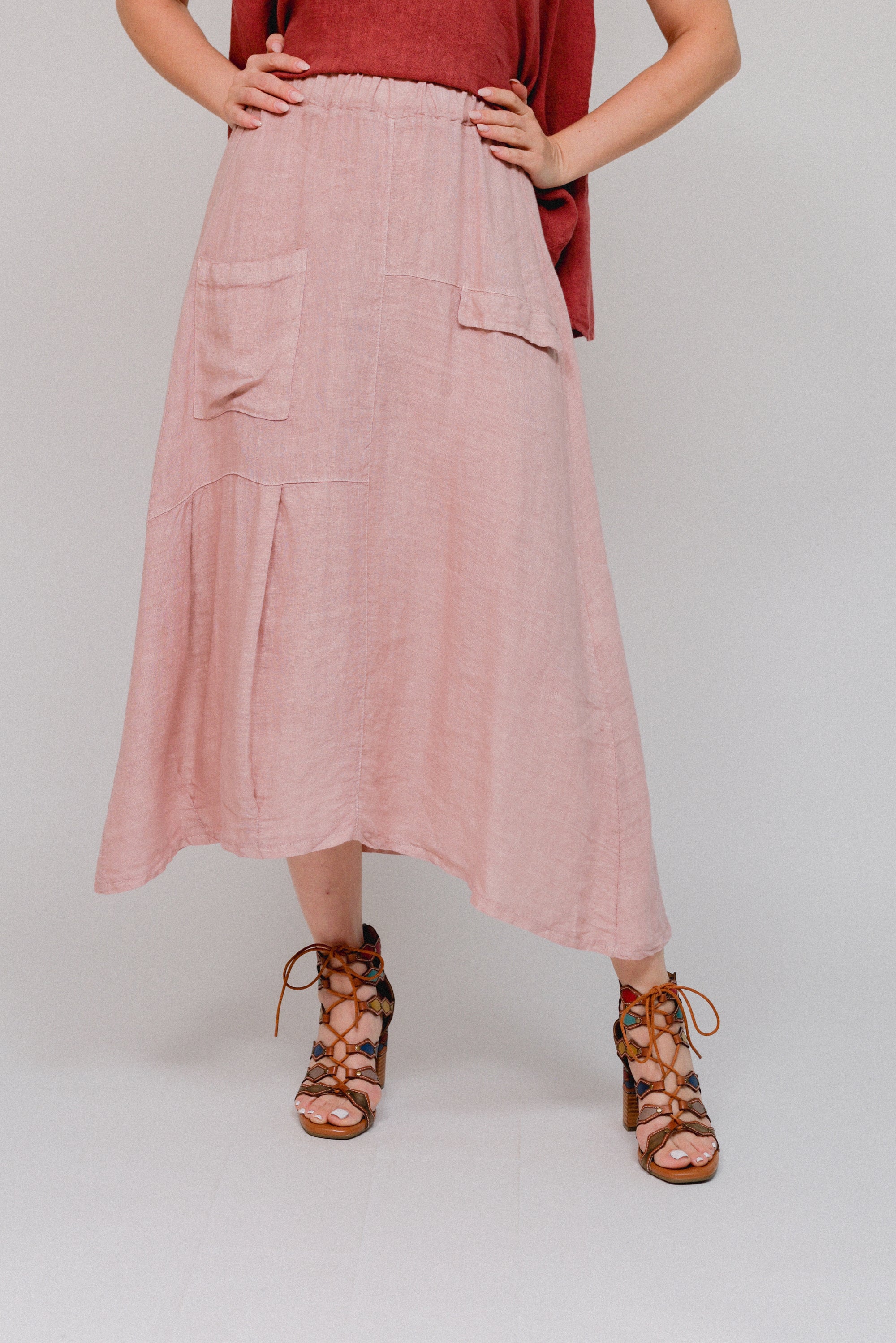 Midi 2-Different Pockets Skirt Pink Front