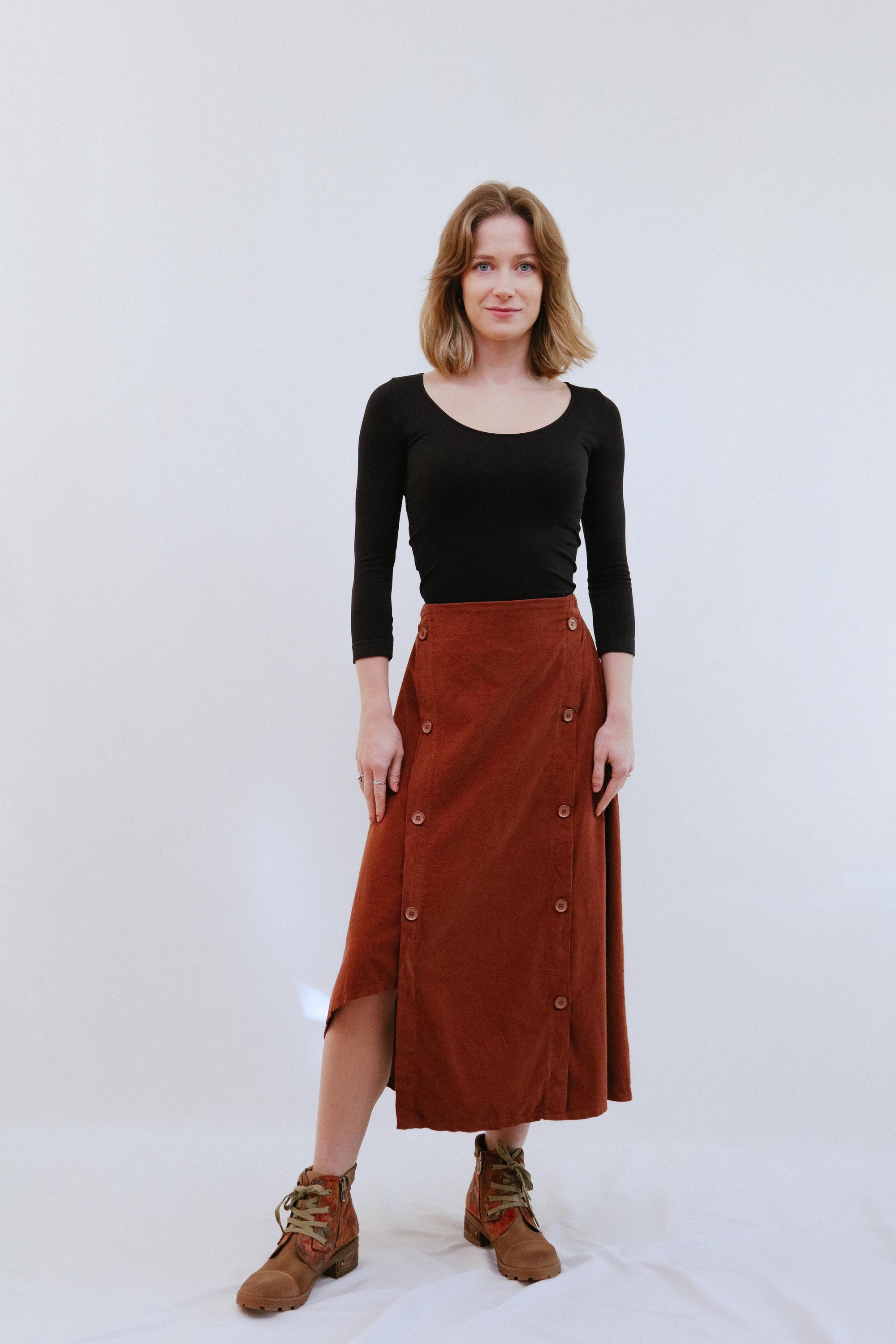 Button Maxi Skirt in Terra_Front
