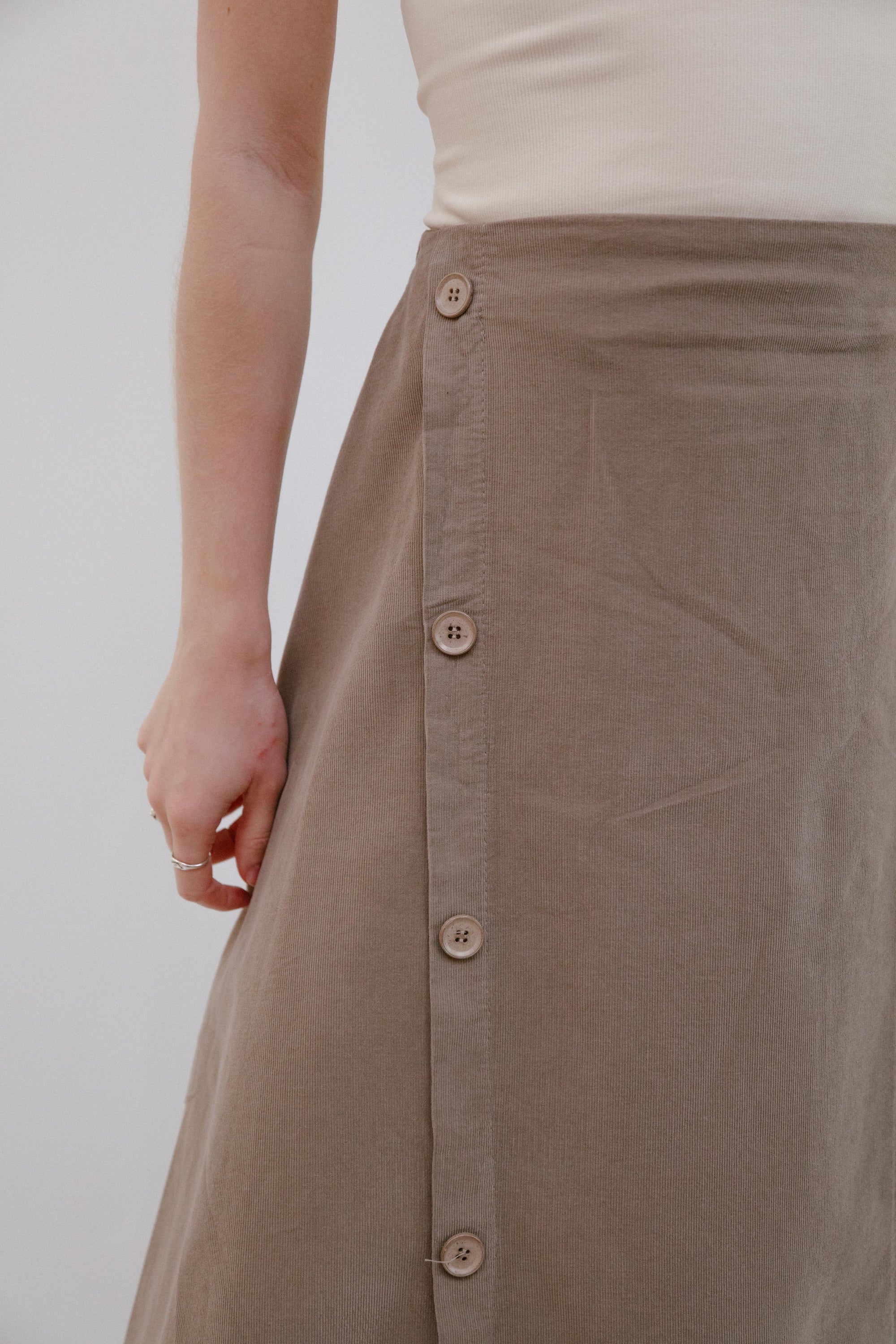 Button Maxi Skirt in Sand_Button Detail