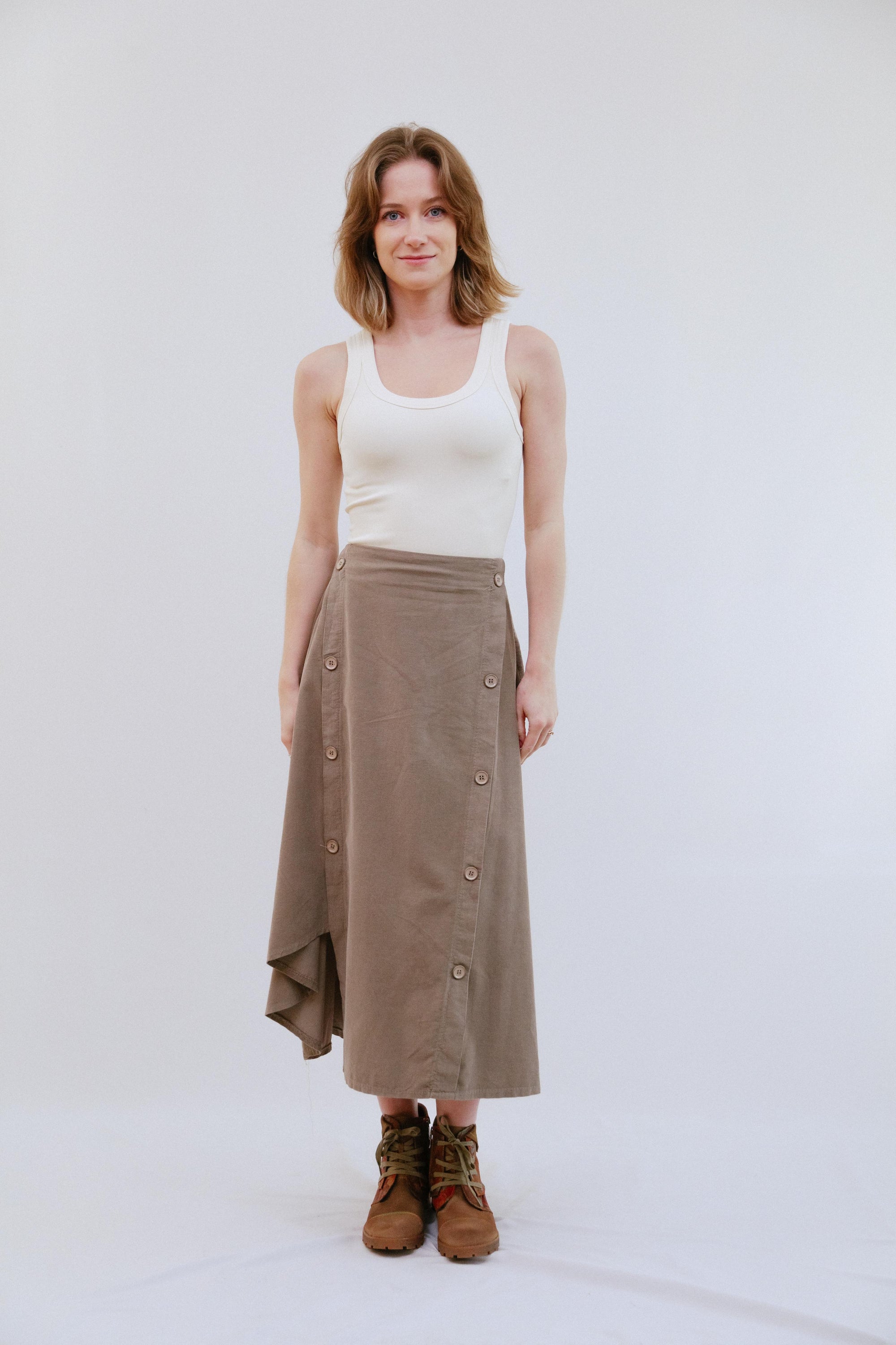 Button Maxi Skirt in Sand_Front