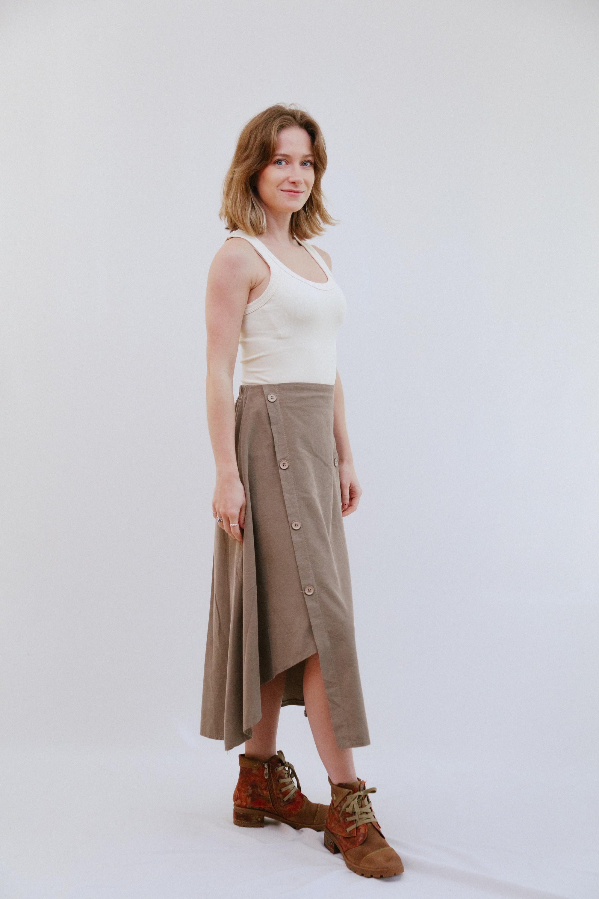 Button Maxi Skirt in Sand_Side