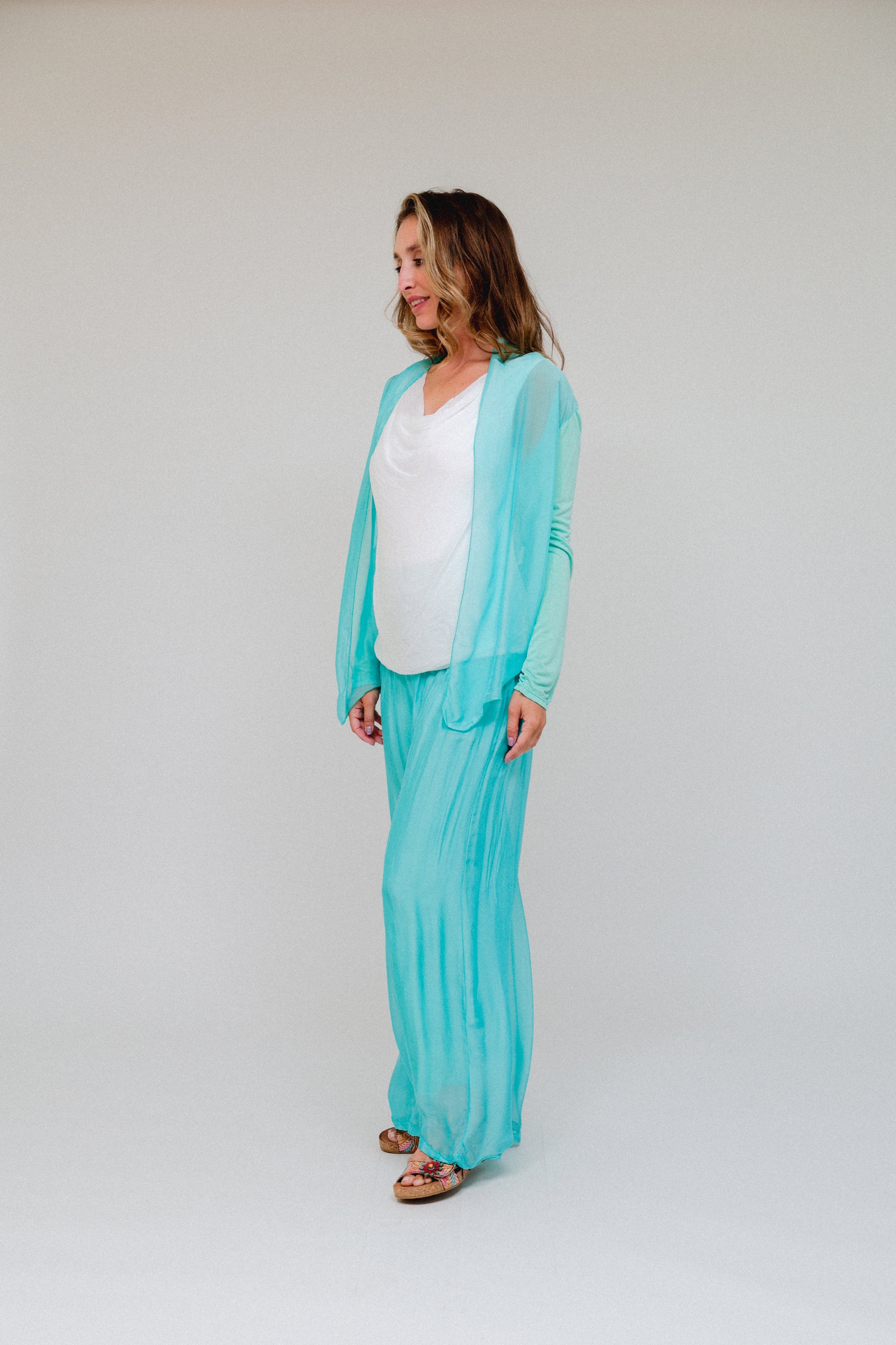 Short Silk-Blend Cardigan Turquoise Side
