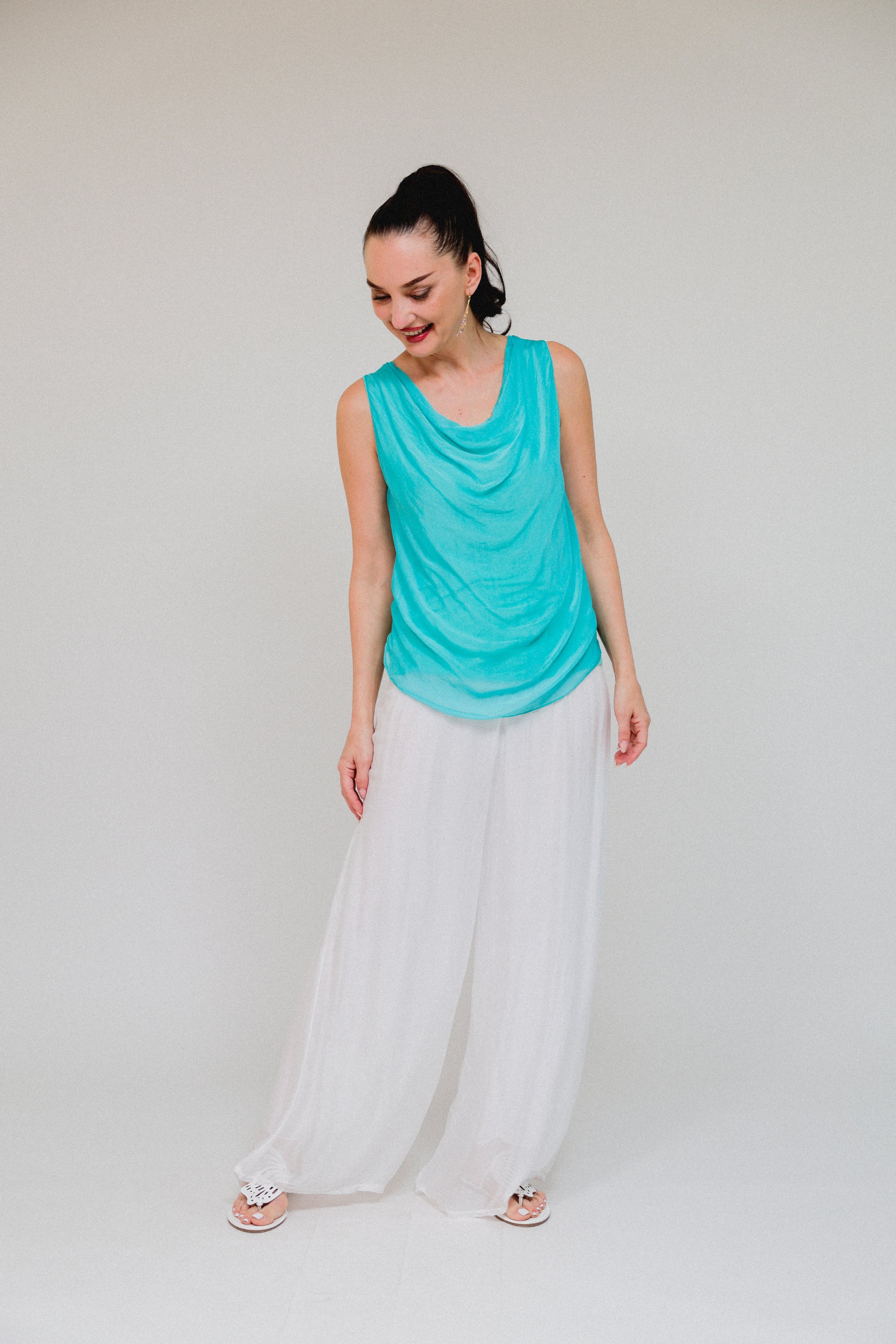 Drape Sleeveless Top Turquoise Front