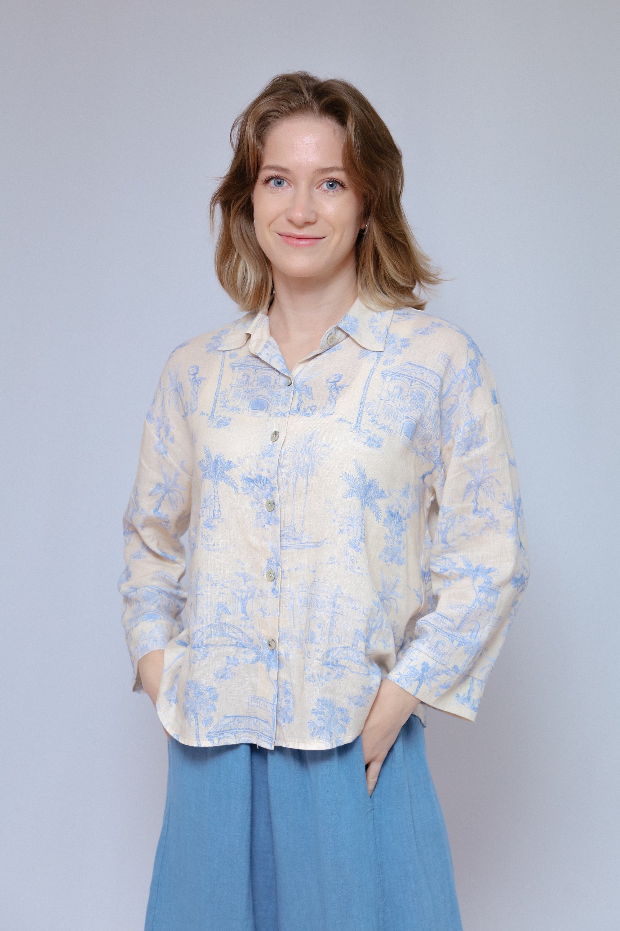 Print 3/4 Sleeve Top Denim Front